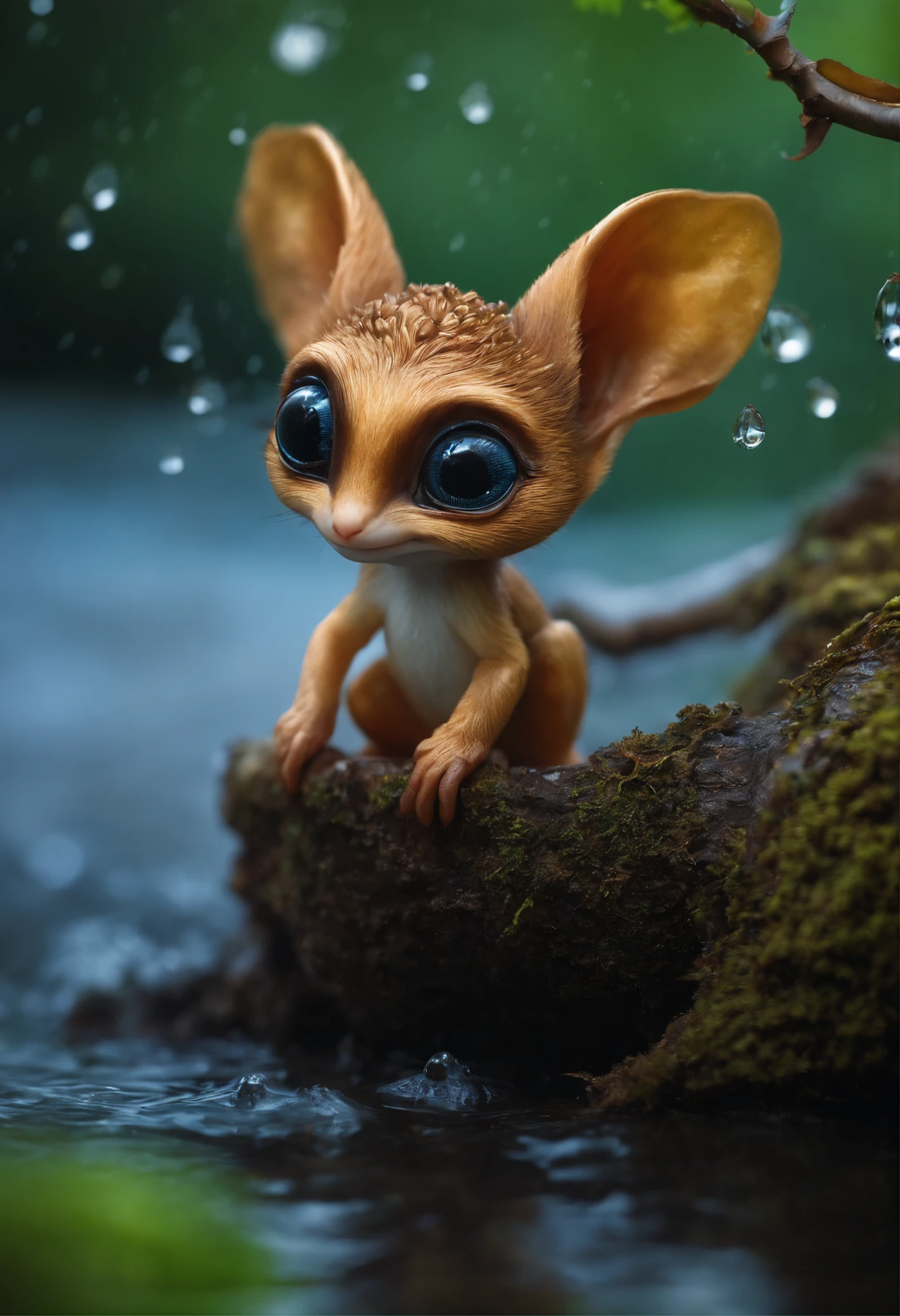 真实感, Realism, Cute alien creatures, similar to gremlins,Tiny creatures, big eyes, large ears, an acorn cap on the head, stands under the crown of an oak tree by the water, touches water with fingers, Raindrops, Sverchkov