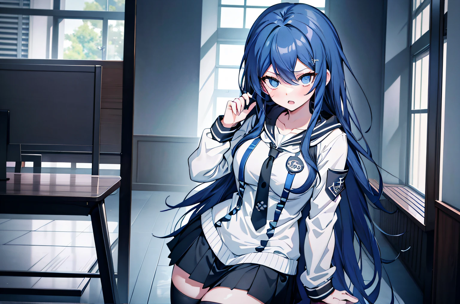 Dark blue hair　Sauce order　danganronpa drawing　Inside the courtroom　Open mouth　Solo　{{{Danganronpa style template}}}　Indigo blue long straight hair　blue eyed schoolgirl solo　Black knee socks　Colossal tits　{{{White News Boy Cap}}}　Black shirt　White hoodie　White mini skirt　frightened expression　Thoughtful Pose