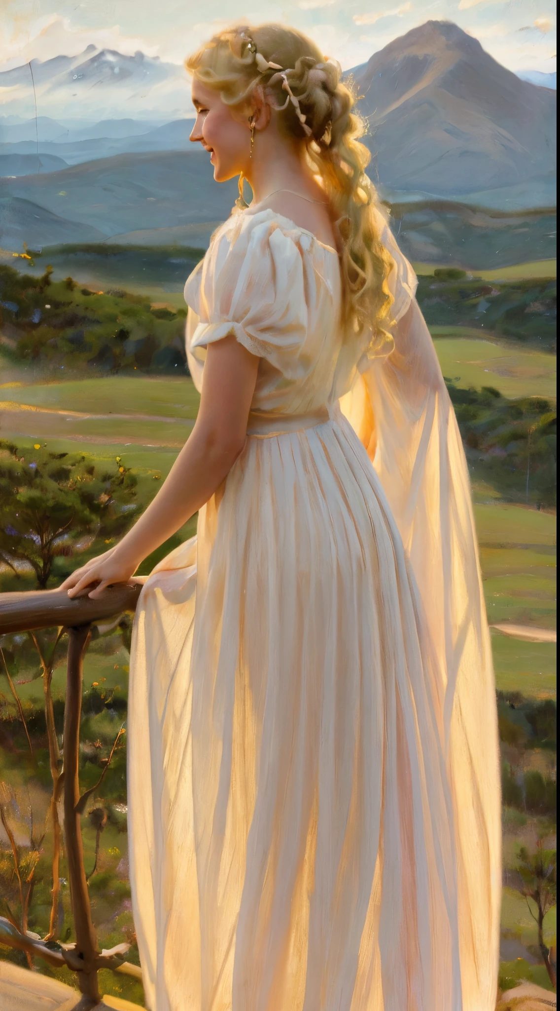 oil painting , Picture of a girl in a white dress, elf in dress, The girl is standing on the balcony, sky and mountains background , girl golden wavy hair , Best Quality, blonde woman, a closeup of a, Cute smiling face, long wavy hair, shapely body, pixie, Bottom Perspective, In the highlands. Cyan eyes, elf ears.