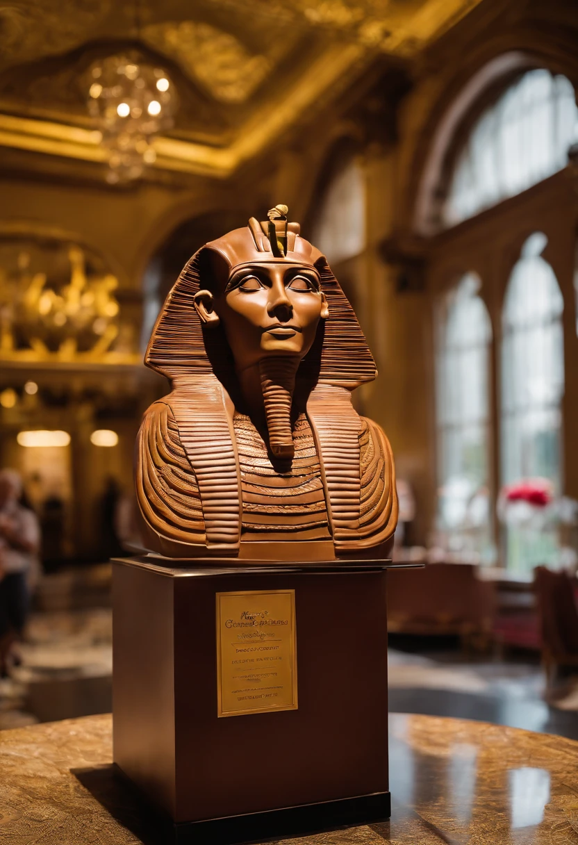 A mesmerizing video of a confectionery masterpiece, a life-sized chocolate sculpture of the Great Sphinx of Giza, intricately crafted with edible gemstone accents.,Charlie and the Chocolate Factory,Willy Wonka, the eccentric chocolate factory owner in Roald Dahl’s novel and its film adaptations, is known for his flamboyant and whimsical style. He typically sports a top hat, a brightly colored, tailored suit, and a bow tie, embodying his quirky and unconventional character. Wonka’s attire often includes a cane and whimsical accessories that add to his mysterious and playful persona. His bright eyes and enigmatic smile contribute to his charismatic yet unpredictable appearance., male