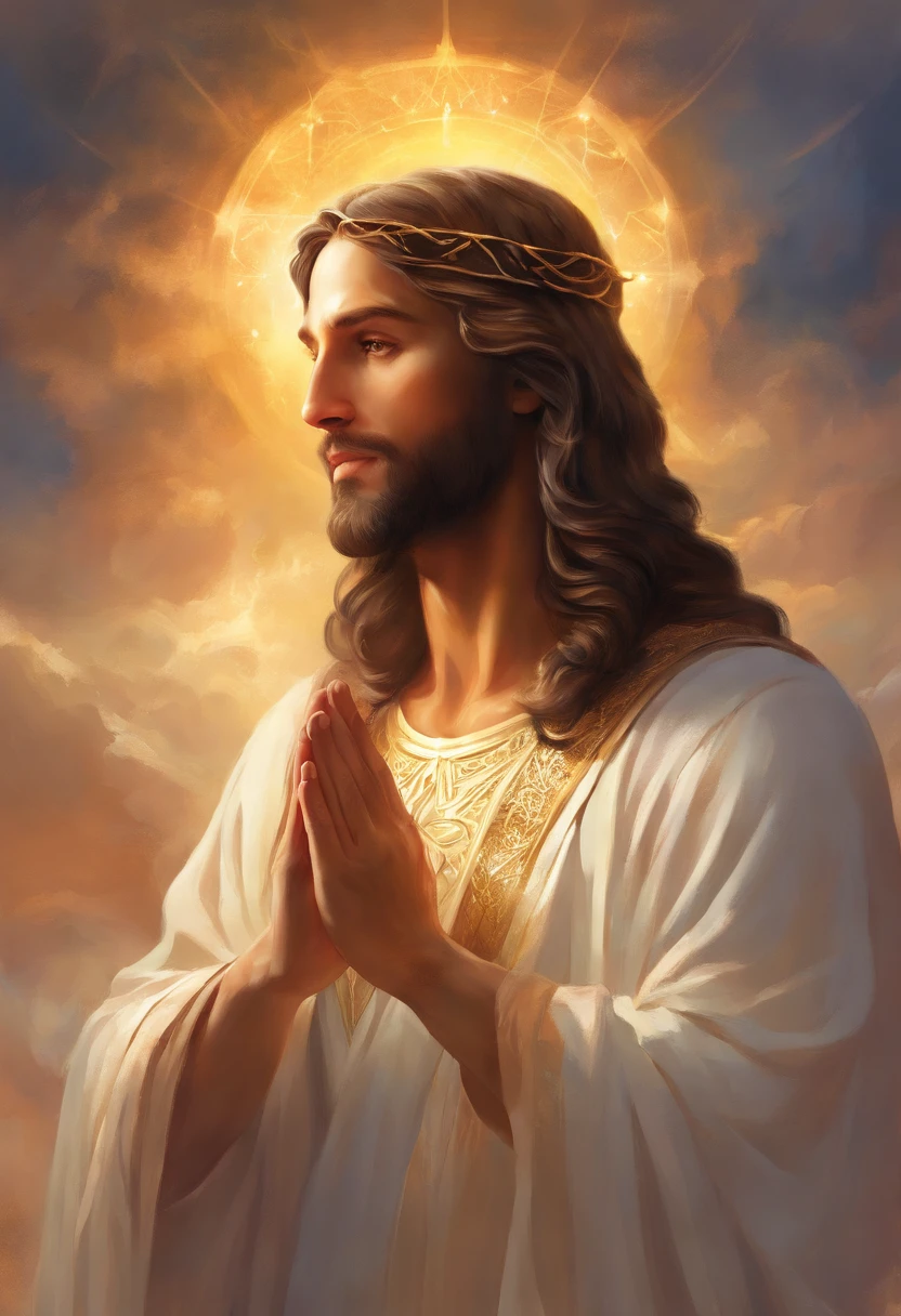 "Create an image of Jesus in profile, depicted in the act of prayer with hands clasped together."high detailed, High Quality, Award-Standing, Best Quality, high resolucion, 16 k