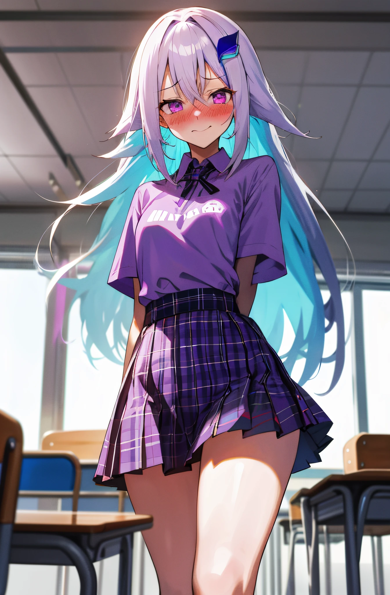 One girl with long hair, white hair, blue inner hair, purple eyes, looking at viewer, blushing, embarrassed, little smile, (embarrassed:1.2), purple t shirt, plaid mini skirt, skirt under shirt, indoor, classroom, thigh, slim, dizzy, mid-chest, wide hips, perfect waist, day atmosphere, hair ornament, standing,