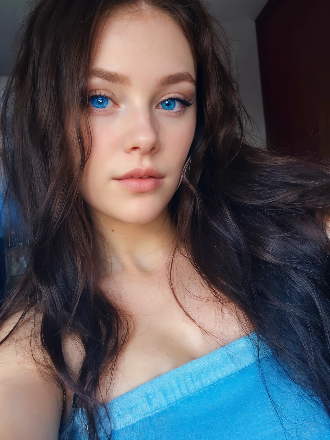 Front view of a magnificent young girl with blue eyes, essa mulher tem cabelo curto e cacheado, lush lips.