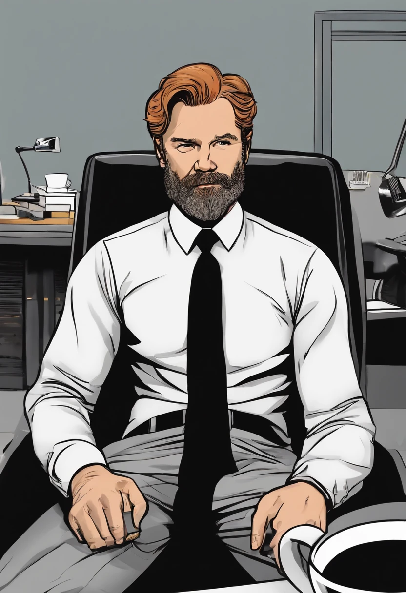 A photo of Harvey lounging in a bean bag chair at the office, surrounded by empty coffee cups and snack wrappers, with a bored expression on his face.,Gotham,Harvey is an older male, with ginger and grey shaggy hair and beard, wears a suit and tie and fedora, famously portrayed by Donal Logue, male