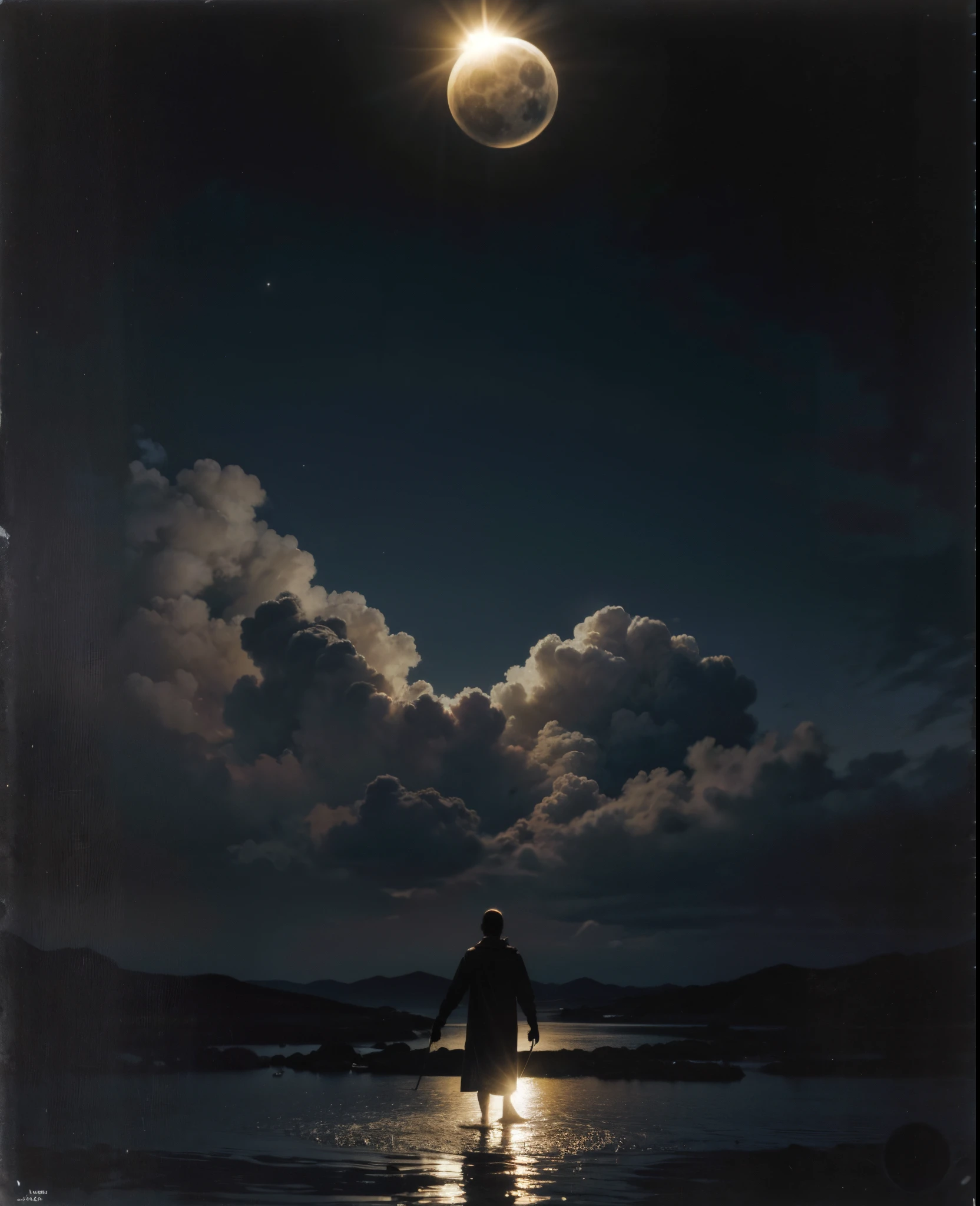 Imagen arafeada de un hombre parado en el agua con una mano gigante en el fondo., Arte oscuro surrealista, Sol negro, con soles negros en el cielo, dramatic artwork, Arte surrealista oscuro, eclipse, Eclipse eterno, Arte oscuro altamente detallado, enorme y gigantesco sol negro, album art, by Kristian Kreković, Sol oscuro, an ominous fantasy illustration