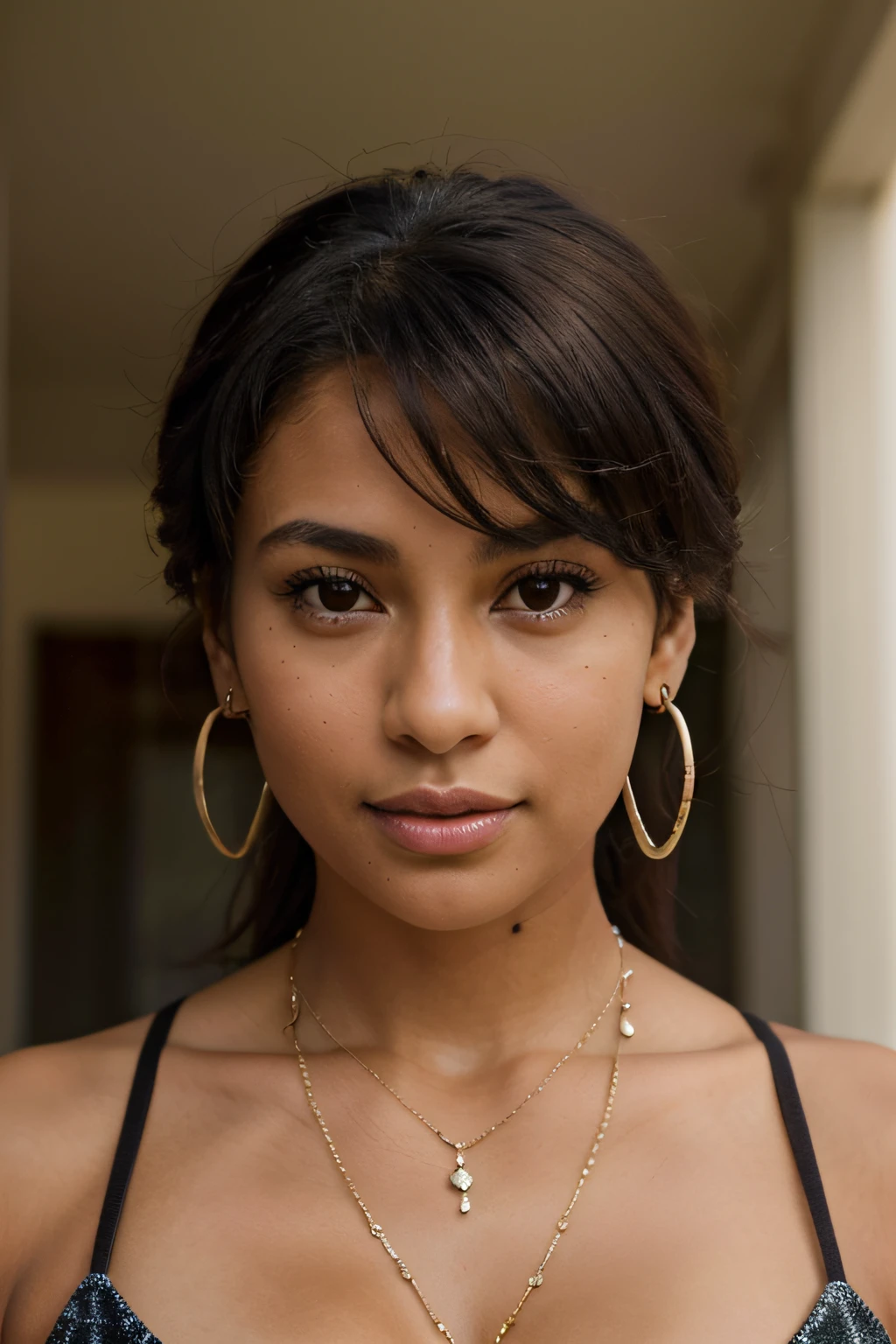 a close up of a mixed race woman with a necklace and earrings, gorgeous woman, mixed-race woman, gorgeous beautiful woman, beautiful face!!!!, she has olive brown skin, beautiful face!, mixed race woman, beautiful gorgeous, gorgeous lady, stunning african, beautiful face!!, sexy girl with dark complexion, looking straight at camera