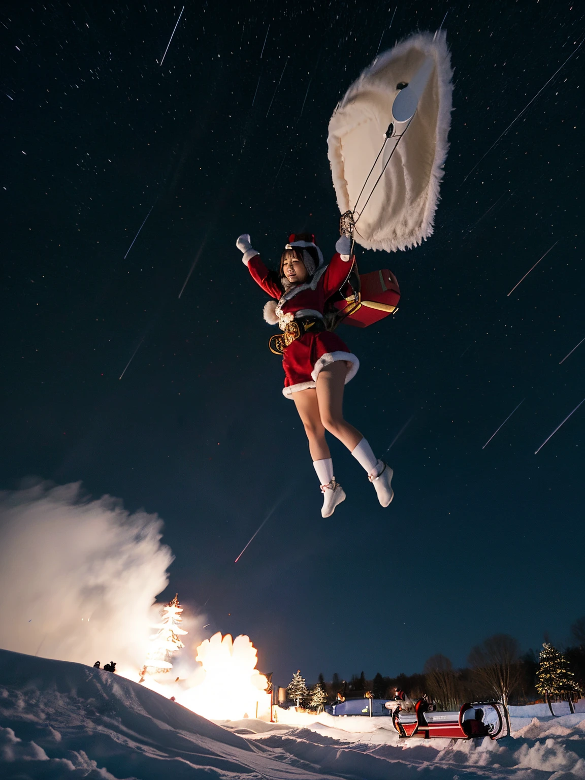 Japanese girl Santa Claus, flying sled, in nigh sky