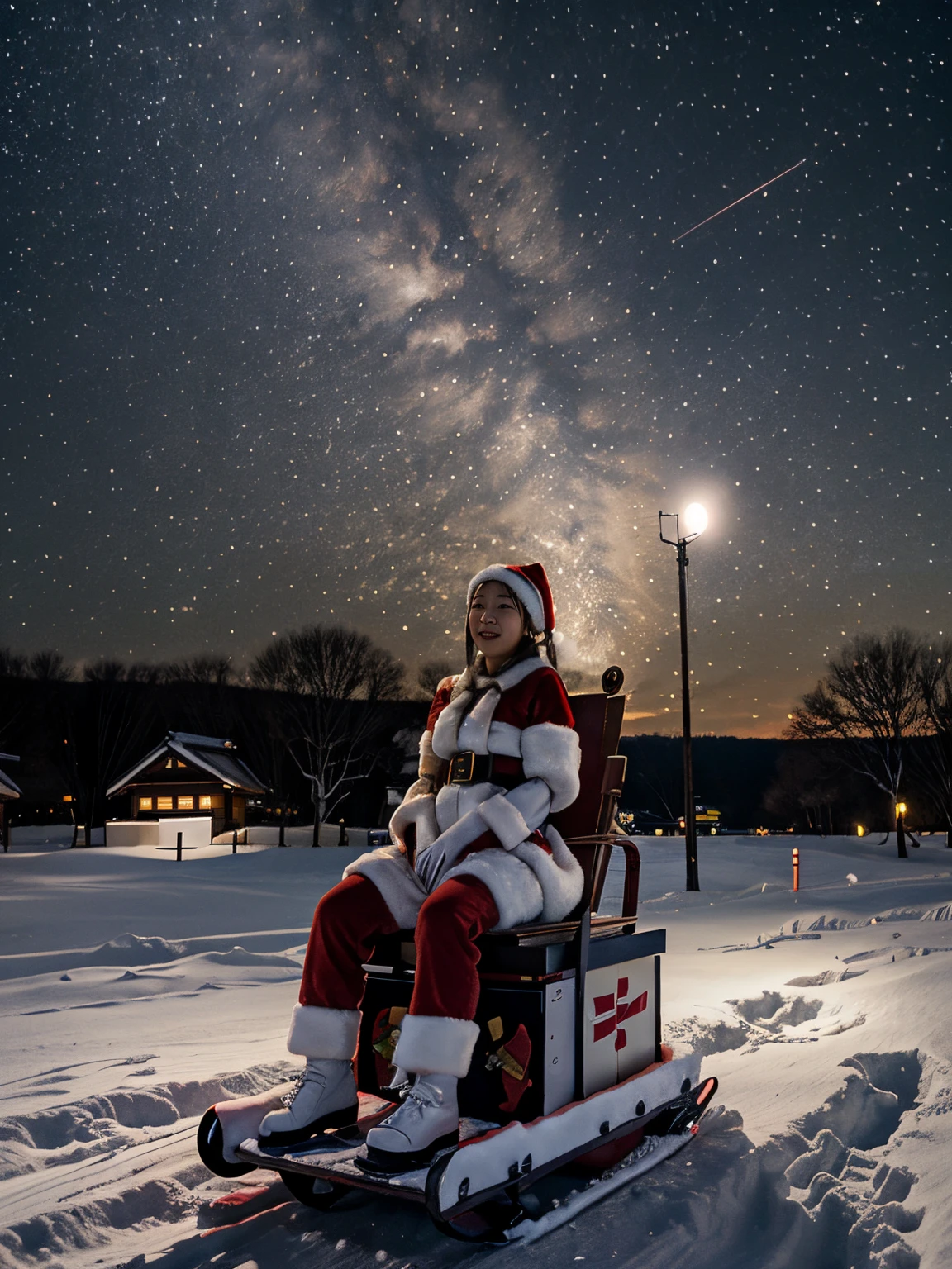 Japanese girl Santa Claus, flying sled, in nigh sky