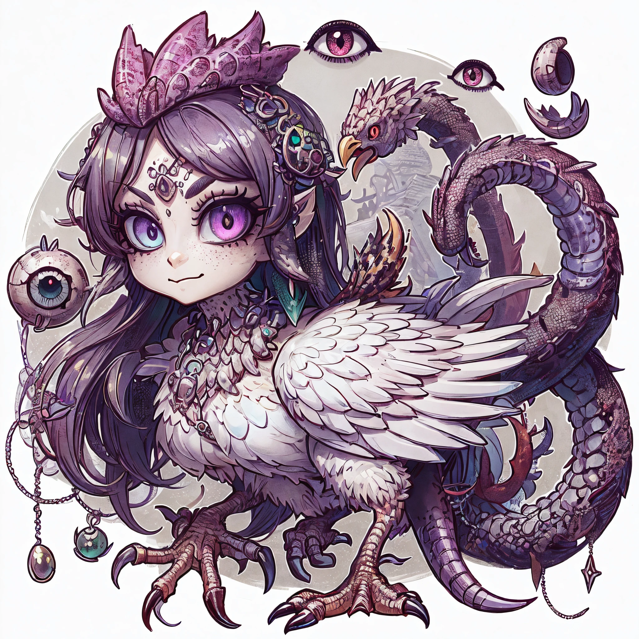 Cockatrice Girl. She is a chicken element girl. She is a reptilian element. Accessories with an eye motif. Her eyes look bad. Poisonous swamp.