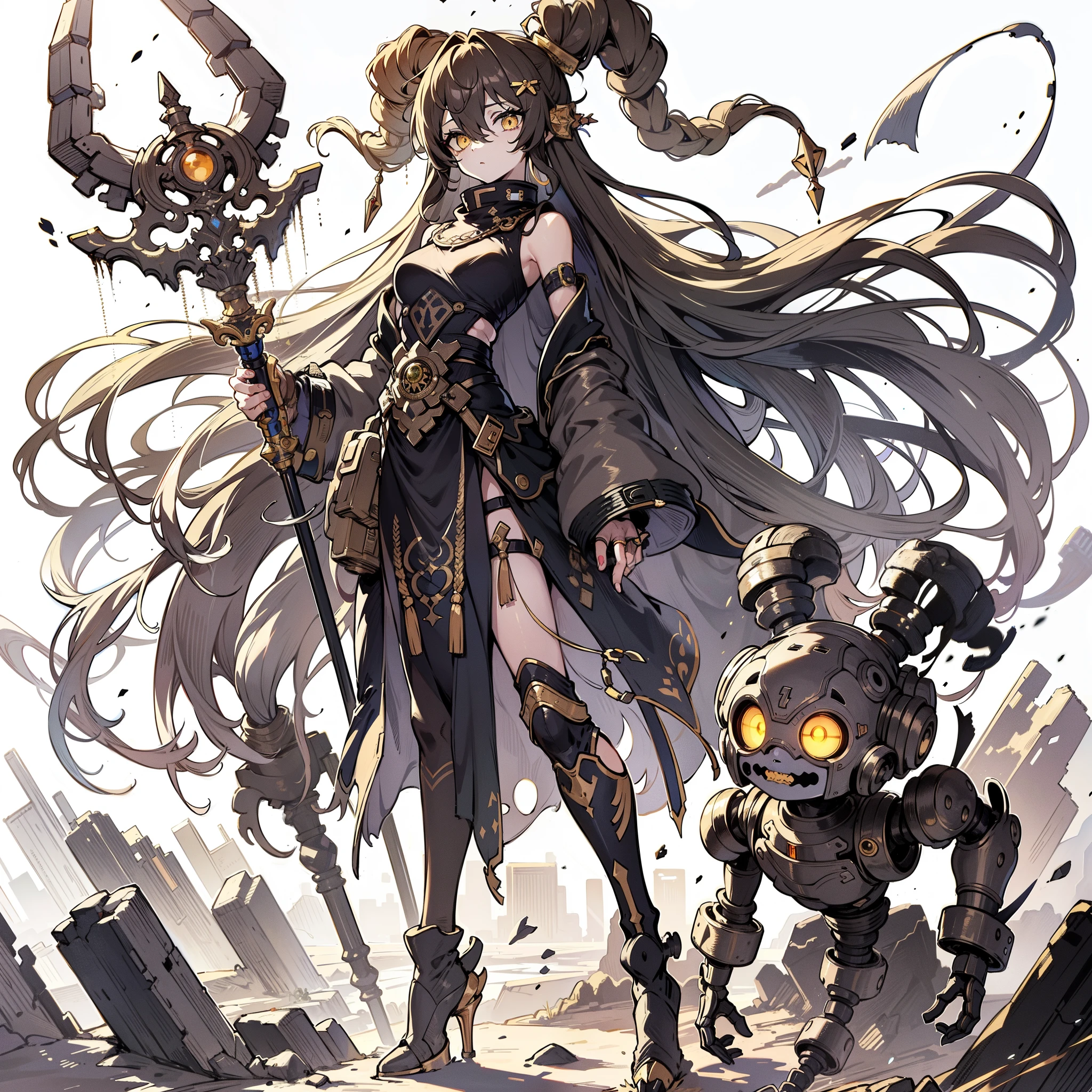 (Masterpiece, top quality), (perfect athlete body: 1.2), (detailed hair), super detailed, anime style, full body, solo, Cyberpunk stone wizard girl, accompanied by a small golem attendant, pale black skin, Ancient ethnic costumes, stone horns growing out of head, very long shining gold hair and gold eyes, strange stone tools, wearing long boots, standing wasteland, white background, full body,