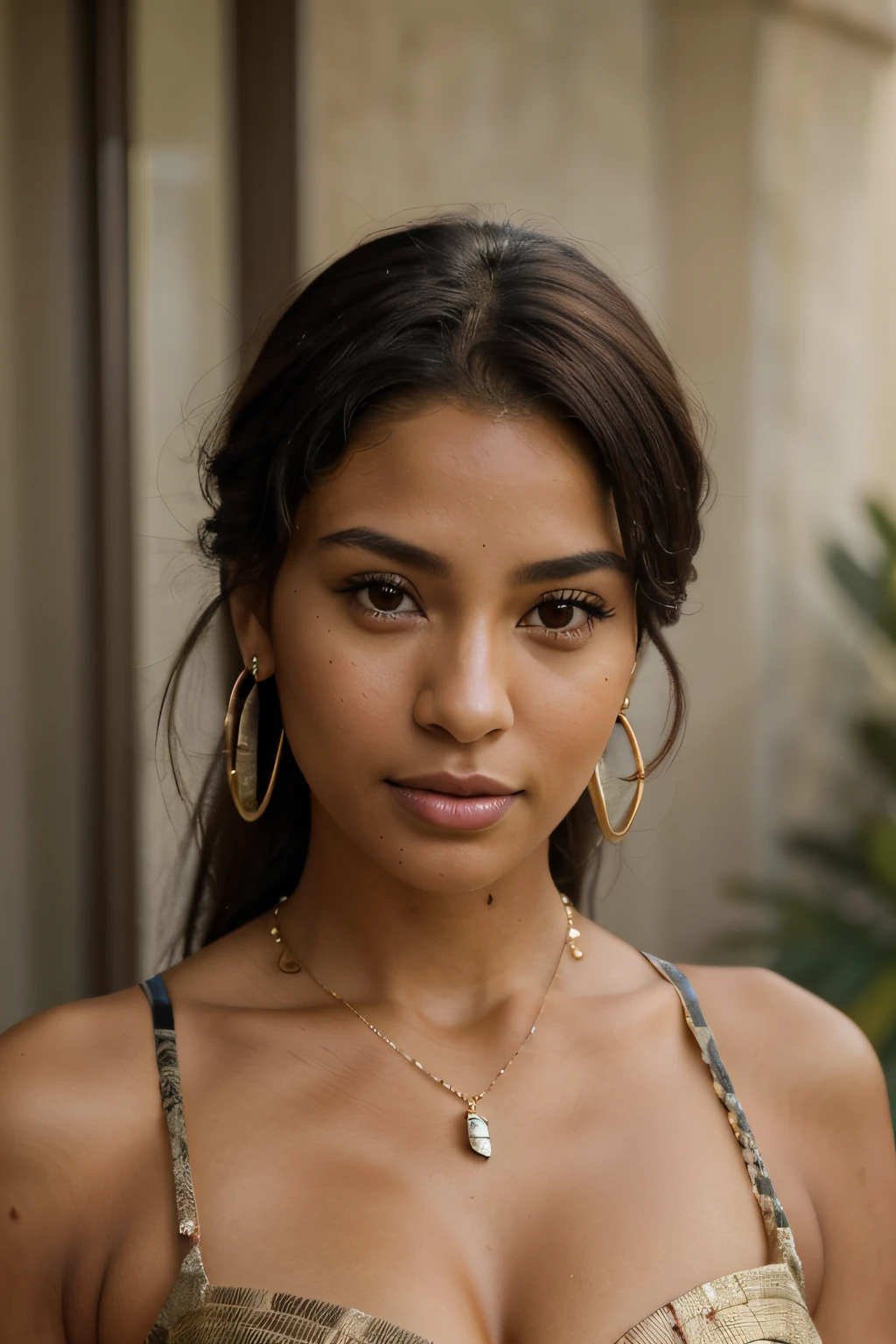 a close up of a mixed race woman with a necklace and earrings, gorgeous woman, mixed-race woman, gorgeous beautiful woman, beautiful face!!!!, she has olive brown skin, beautiful face!, mixed race woman, beautiful gorgeous, gorgeous lady, stunning african, beautiful face!!, sexy girl with dark complexion, looking straight at camera