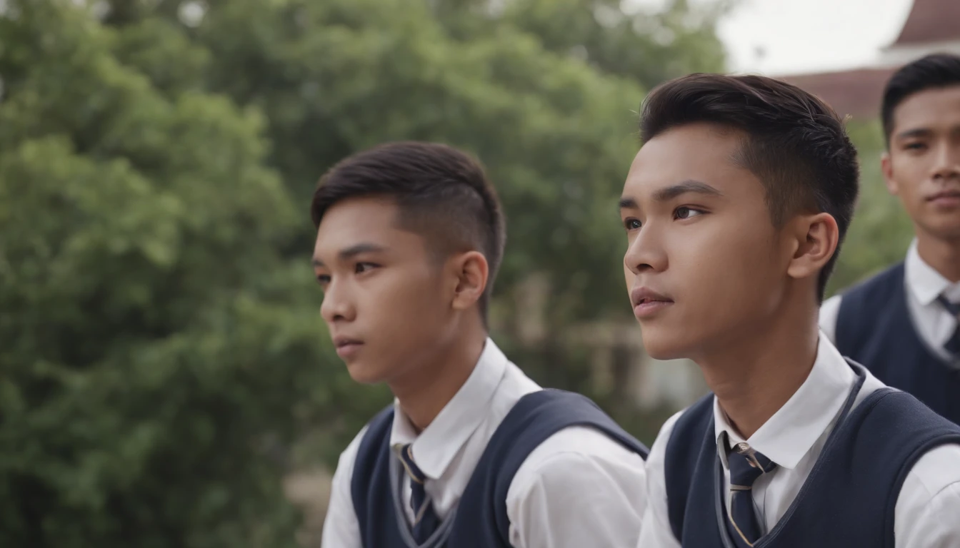 Three 17-year-old Indonesian men wearing school uniforms, with a school building in the background