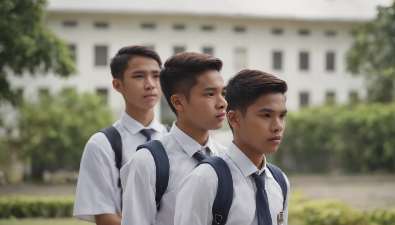 Three -yeld Inesian men wearing school uniforms, with a school building in the background