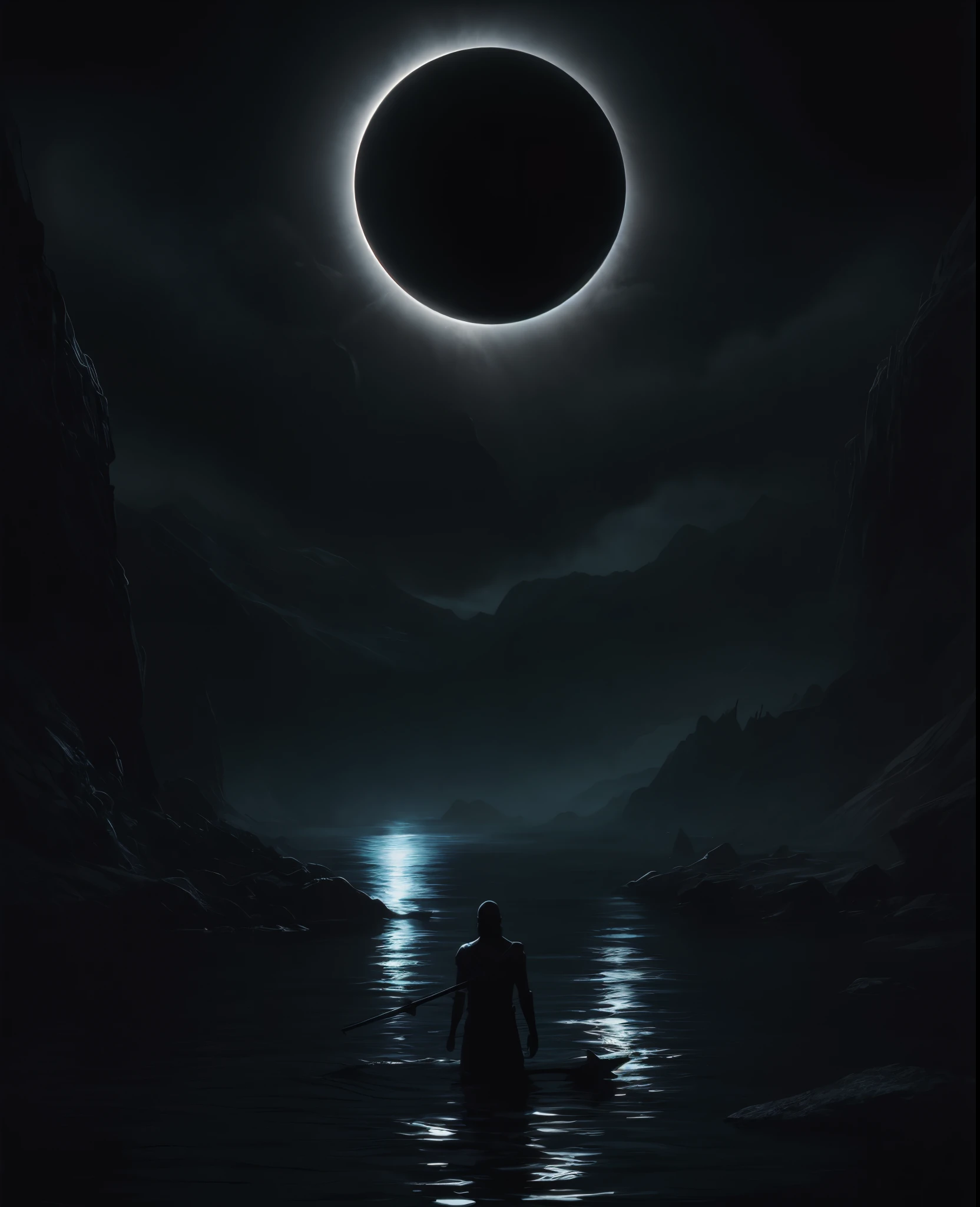 Imagen arafeada de un hombre parado en el agua con una mano gigante en el fondo., Arte oscuro surrealista, Sol negro, con soles negros en el cielo, dramatic artwork, Arte surrealista oscuro, eclipse, Eclipse eterno, Arte oscuro altamente detallado, enorme y gigantesco sol negro, album art, by Kristian Kreković, Sol oscuro, an ominous fantasy illustration