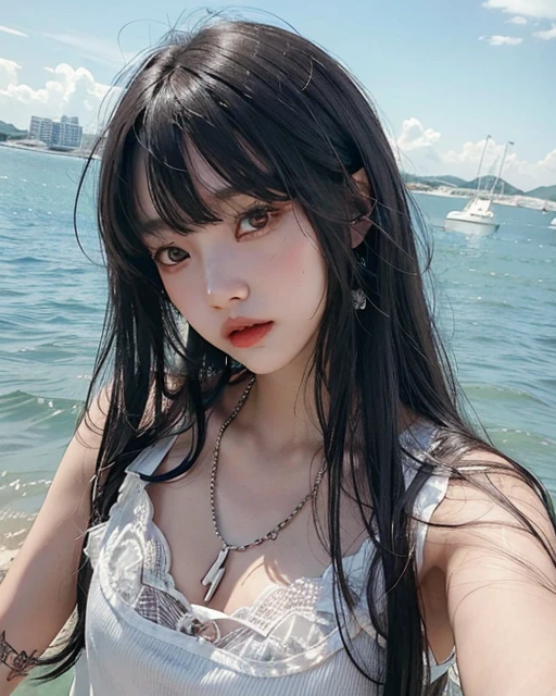 Mane woman with long black hair and white top taking a photo, She has black hair with bangs, ulzzang, sakimichan, beautiful south korean woman, lalisa manobal, Cruel Korean Gothic Girl, profile pic, With long hair and piercing eyes, With full bangs, 奈良美智