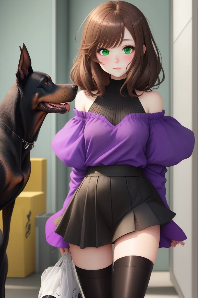 Create a white anime girl with green eyes and brown hair past her shoulders. She wears black and her favorite color is purple. She is super shy and her bestfriend is a doberman pincher.