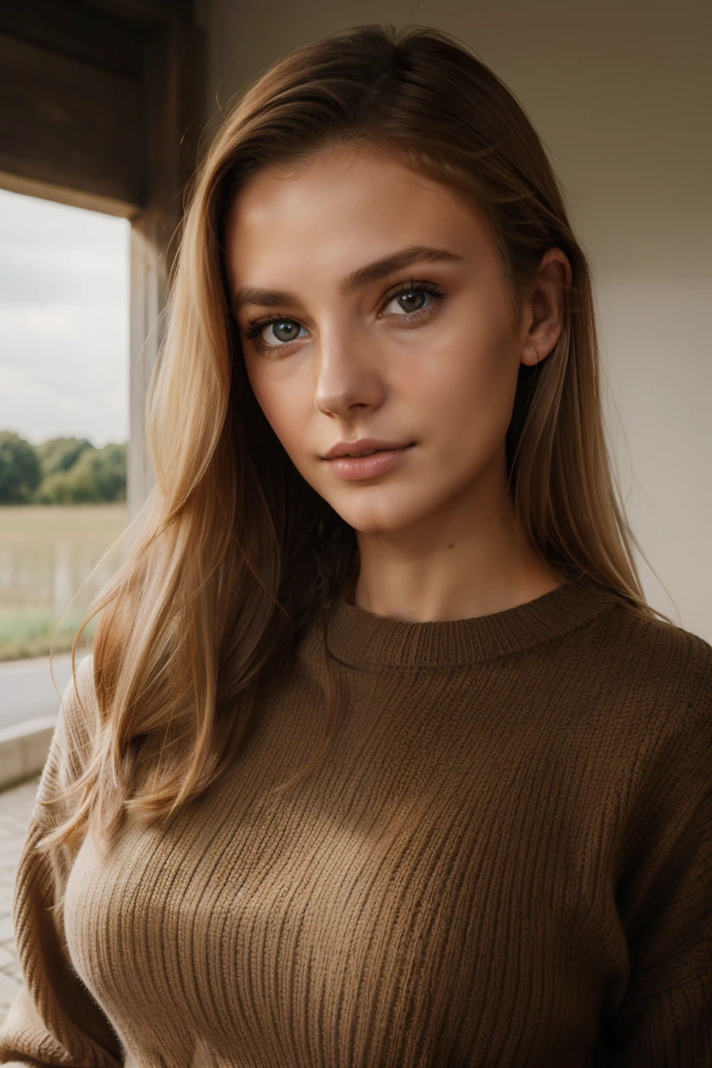 1girl 18 years old, nur, Lange Haare, midsize boobs, pullover, Blick auf den Betrachter, hellblondes Haar, nackte Schultern, braune Augen, Schmuck, full entire body, Halskette, schulterfrei, outfit, lips, realistisch, Nase, Flirten mit der Kamera, portrait, nature