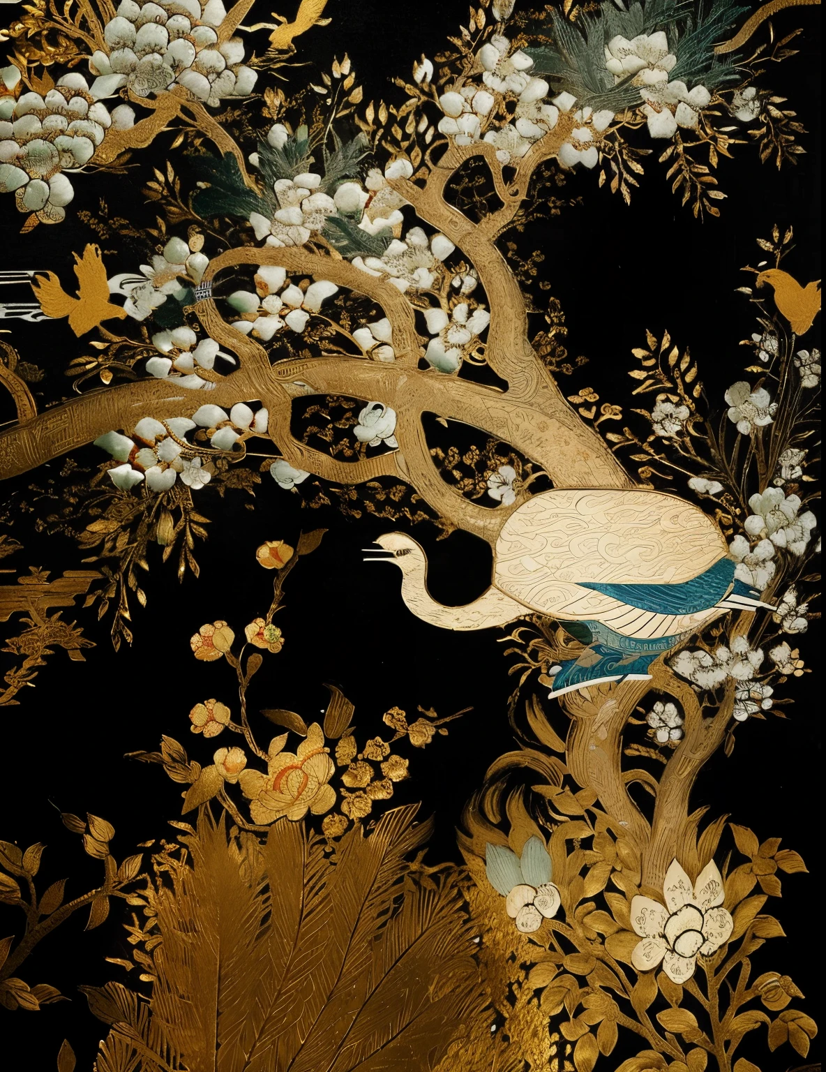 There is a painting of flowers and trees with birds, traditional chinese art, gold embroidery, Stunning and rich in detail, Many exquisite details, Velvet art, Chinese art, gold inlay, Part of the screen, golden inlays, Wen Boren, intricate embroidery, Oriental scene, chinoiserie pattern, Intricate ink painting details, ancient china art style