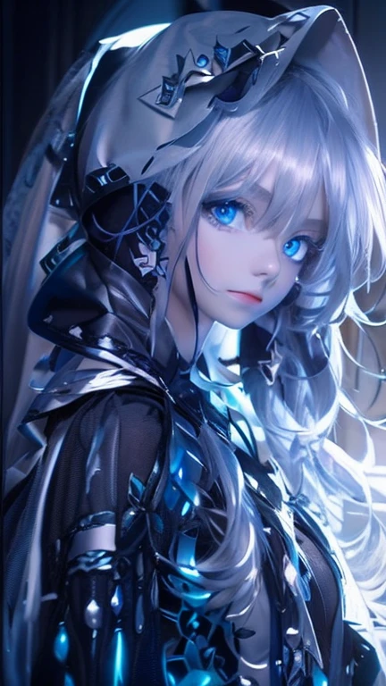silber hair、Blue eyes、Black clothe、magia、phantom、Beautiful woman、Deities々Right、