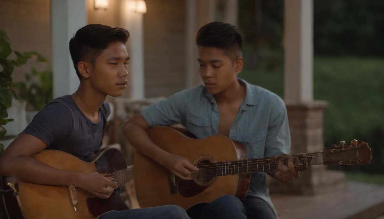 Three 17-year-old Indonesian men playing guitar on the front porch of a house, rural home setting at night