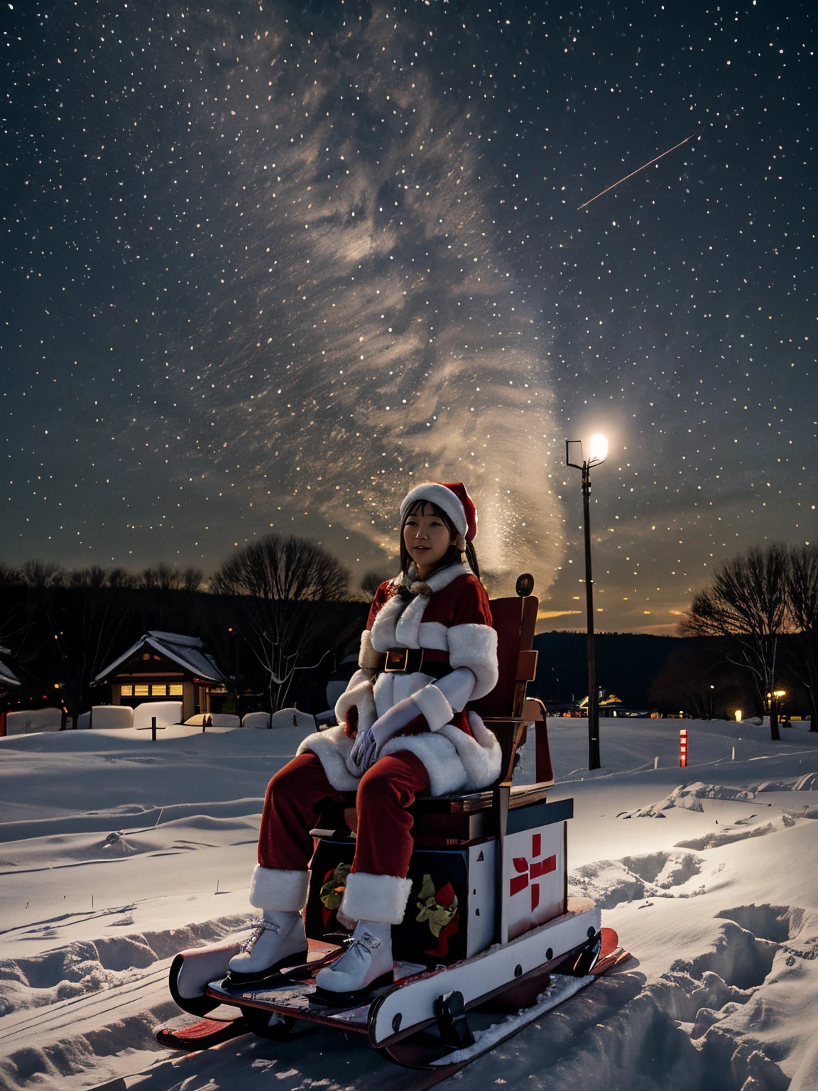 japanese girl santa claus, flying sled, in the near sky