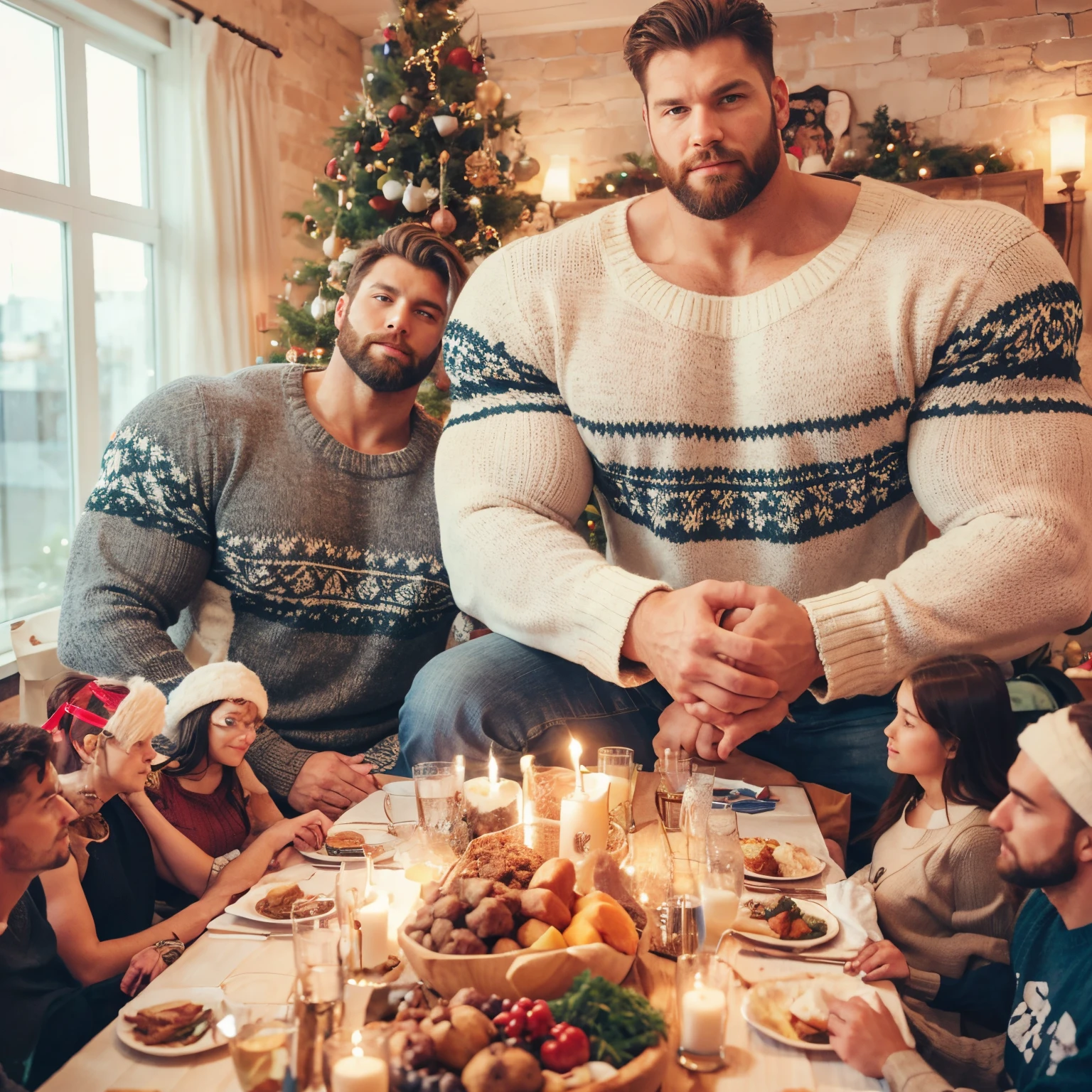 Two giant muscular men with beards in sweaters sitting at table