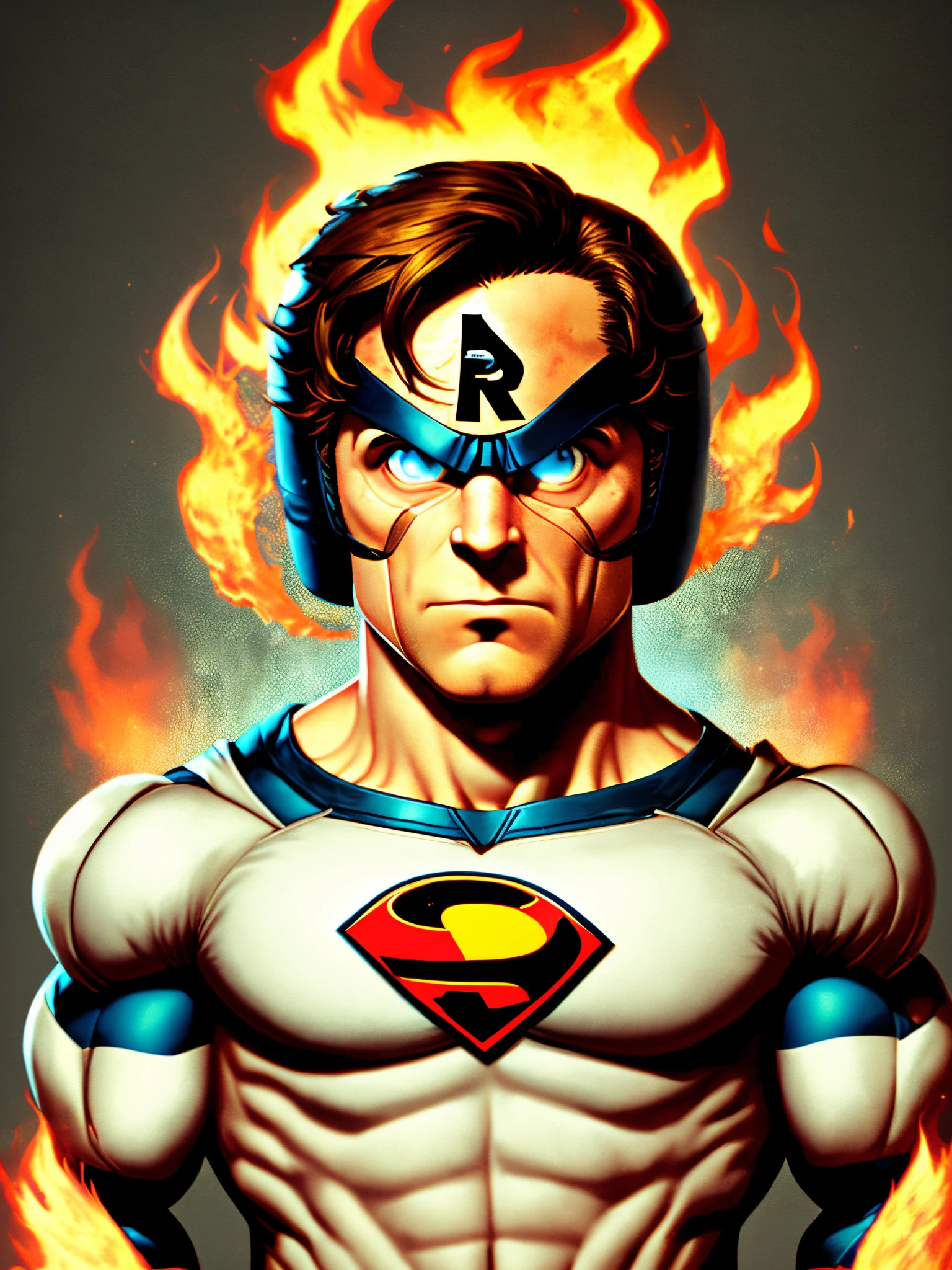Super hero that is resistant to fire with an R in his chest and a dumb face. Eyes spaced too far apart