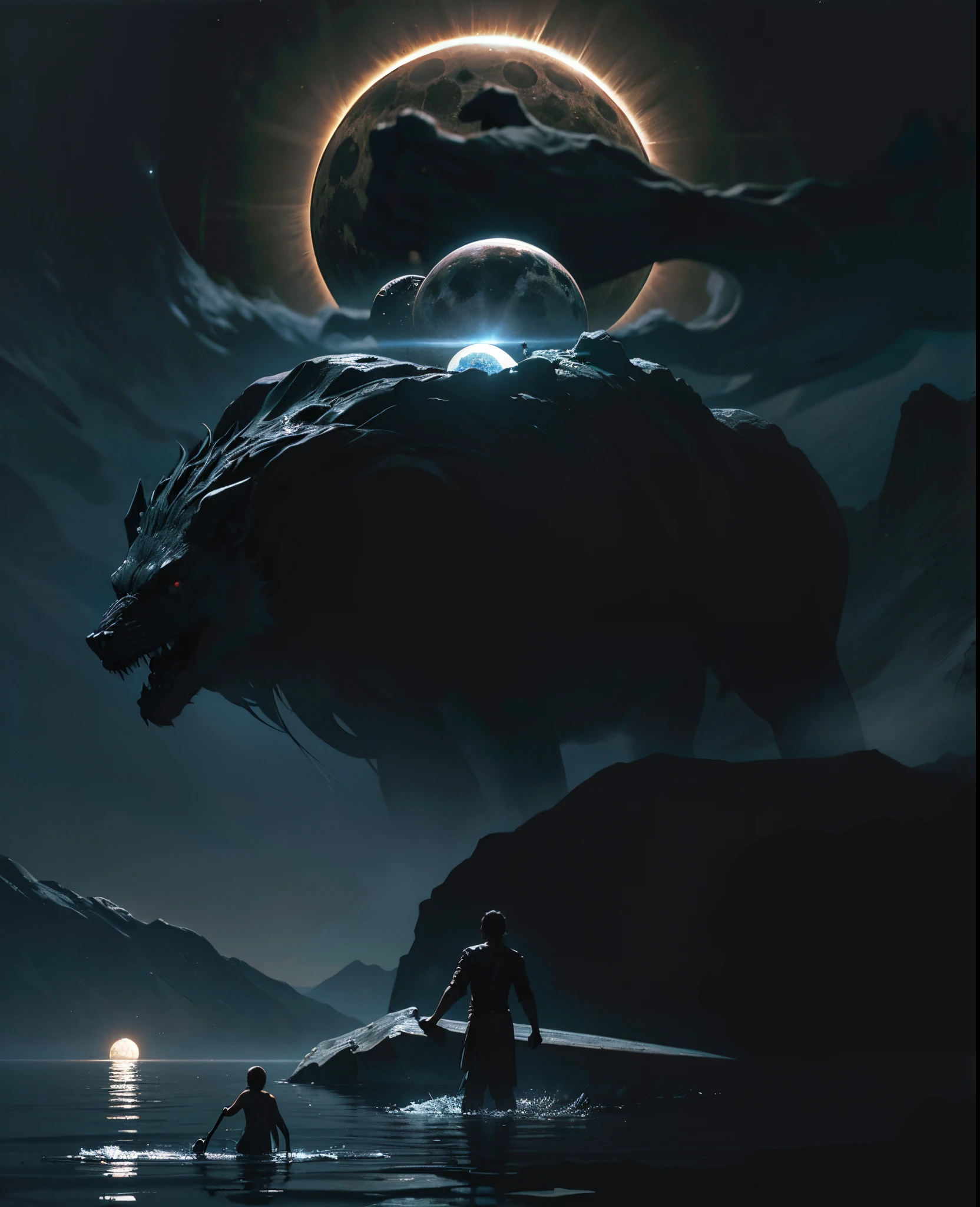 Imagen arafeada de un hombre parado en el agua con una mano gigante en el fondo., Arte oscuro surrealista, Sol negro, con soles negros en el cielo, dramatic artwork, Arte surrealista oscuro, eclipse, Eclipse eterno, Arte oscuro altamente detallado, enorme y gigantesco sol negro, album art, by Kristian Kreković, Sol oscuro, an ominous fantasy illustration