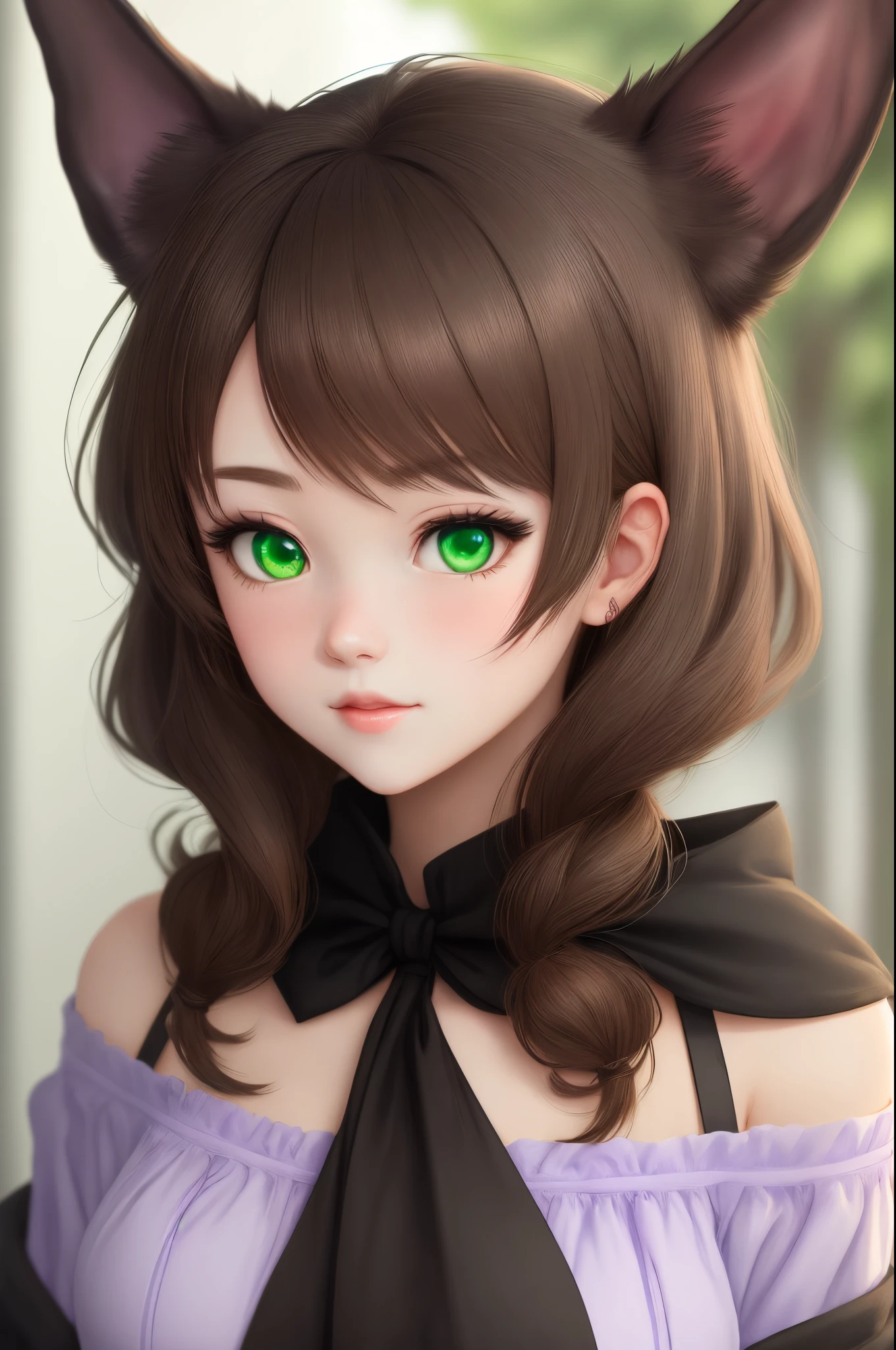 Create a white anime girl with green eyes and brown hair past her shoulders. She wears black and her favorite color is purple. She is super shy and her bestfriend is a doberman pincher.