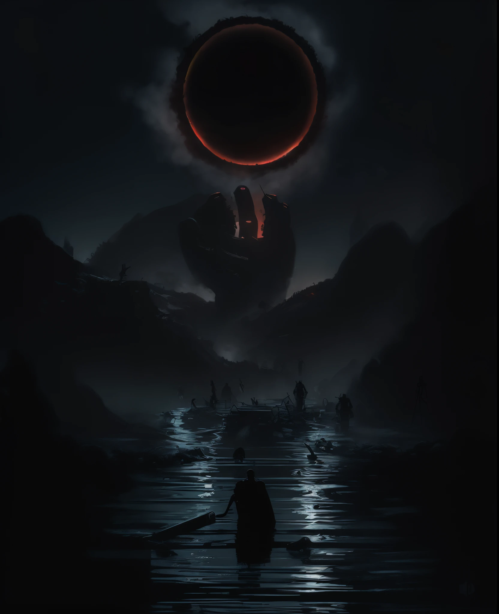 Imagen arafeada de un hombre parado en el agua con una mano gigante en el fondo., Arte oscuro surrealista, Sol negro, con soles negros en el cielo, dramatic artwork, Arte surrealista oscuro, eclipse, Eclipse eterno, Arte oscuro altamente detallado, enorme y gigantesco sol negro, album art, by Kristian Kreković, Sol oscuro, an ominous fantasy illustration