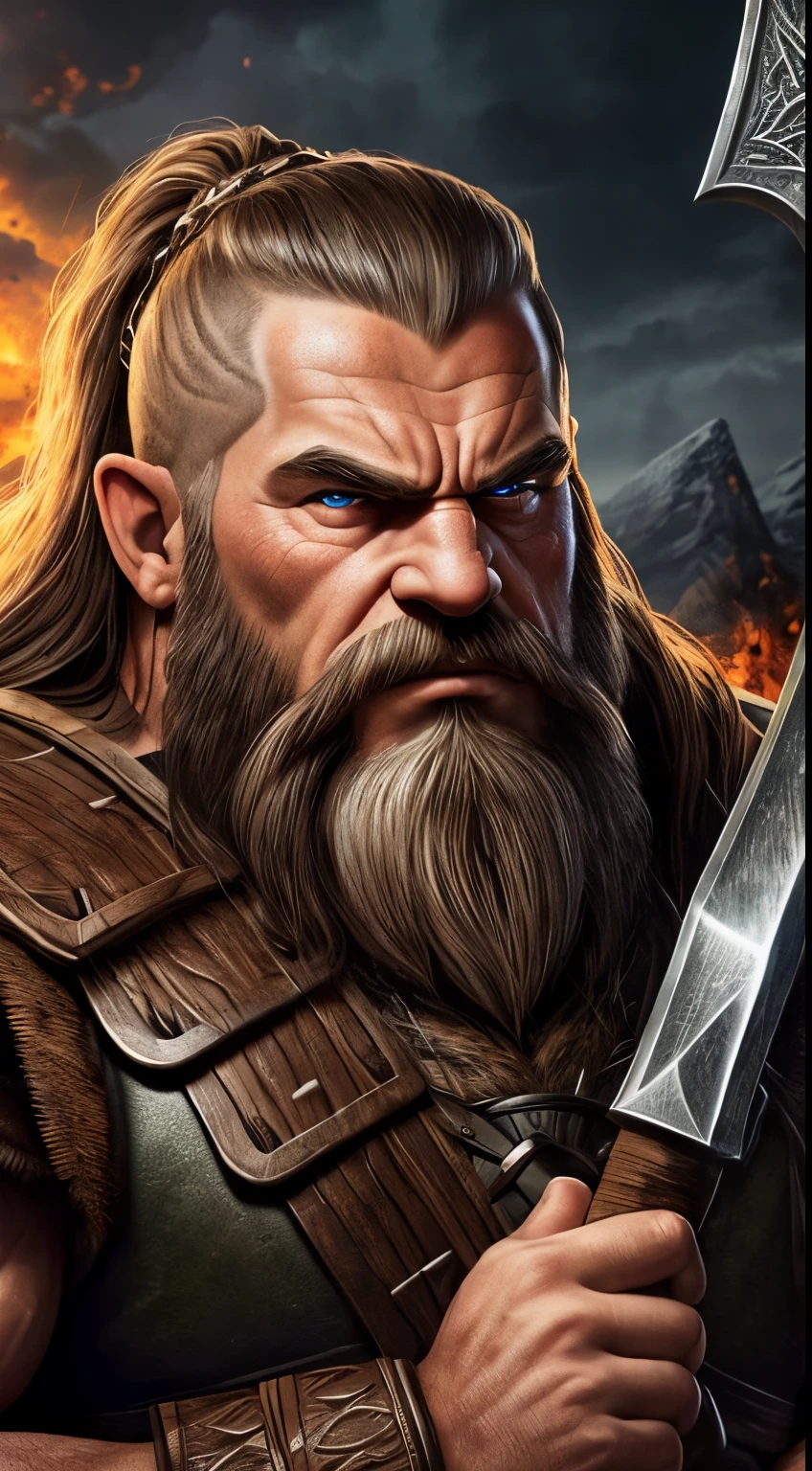 best quality, ultra-detailed, realistic:1.37, (4k, 8k), extreme detail description, detailed eyes, (beautiful detailed eyes), (beautiful detailed lips), (extremely detailed eyes and face), long eyelashes, viking male dwarf, berserker like dwarf, dwarf holding a long axe, crazy eyes, angry, portrait, fantasy setting, strong lighting, vivid colors, epic scene, war background, in a forest