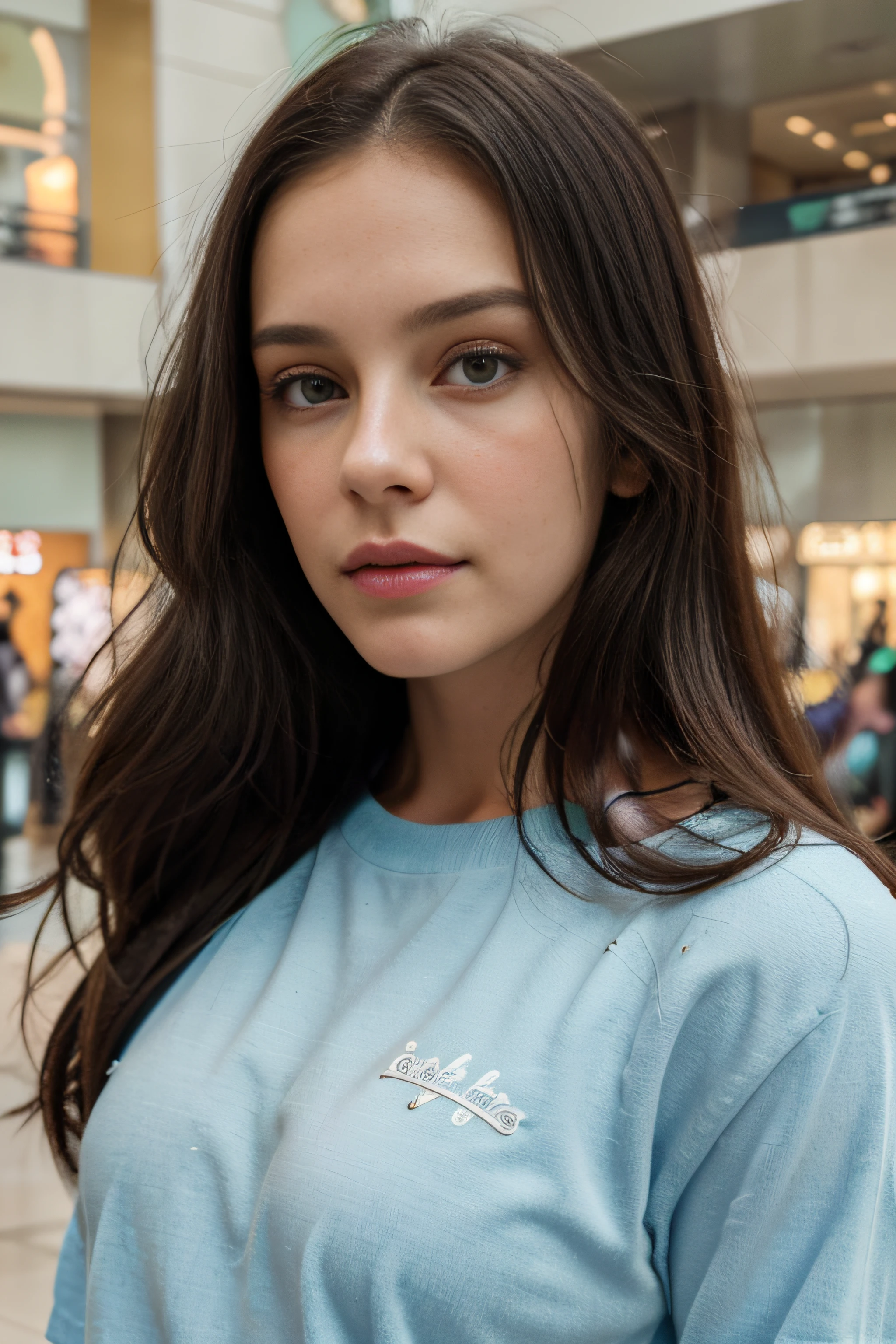(Lana Rhoades) person posing in a mall clothing store, best quality, 1girl, blur background, bokeh, (mall:1.4), ((wearing casual clothes)), gorgeous, , beautiful detailed sky, (dynamic pose:1), soft lighting, wind, ((portrait:1.4)), dark long hair, detailed face, exaggrated facial features, detailed blue or green eyes, white european