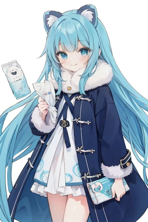 Kawaii Girl,aqua hair,Dark blue eyes,Very long straight hair,Tanuki ears,P coat,A smile,Holding a pocket tissue in your hand,Looking at Viewer,White background