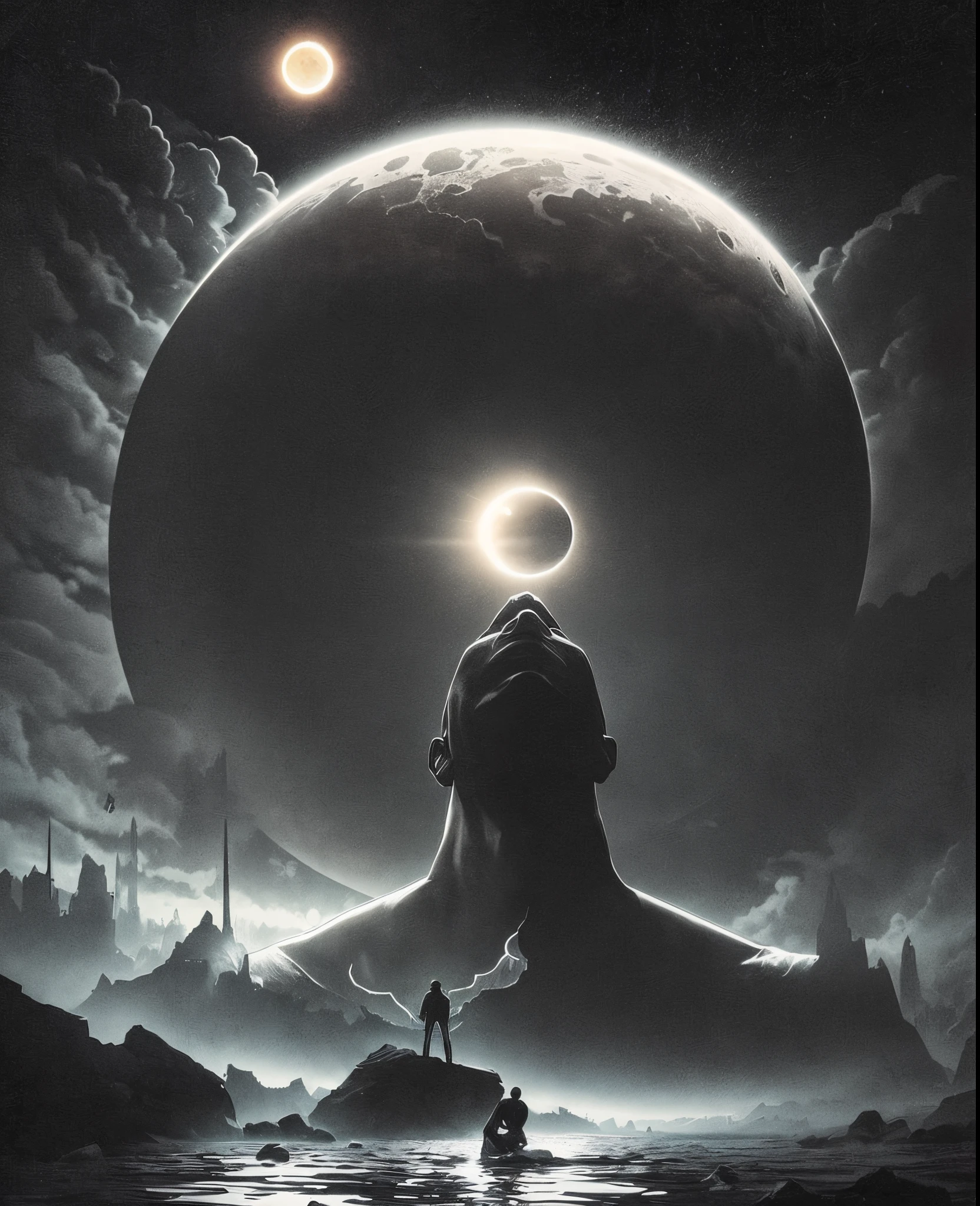 Imagen arafeada de un hombre parado en el agua con una mano gigante en el fondo., Arte oscuro surrealista, Sol negro, con soles negros en el cielo, dramatic artwork, Arte surrealista oscuro, eclipse, Eclipse eterno, Arte oscuro altamente detallado, enorme y gigantesco sol negro, album art, by Kristian Kreković, Sol oscuro, an ominous fantasy illustration