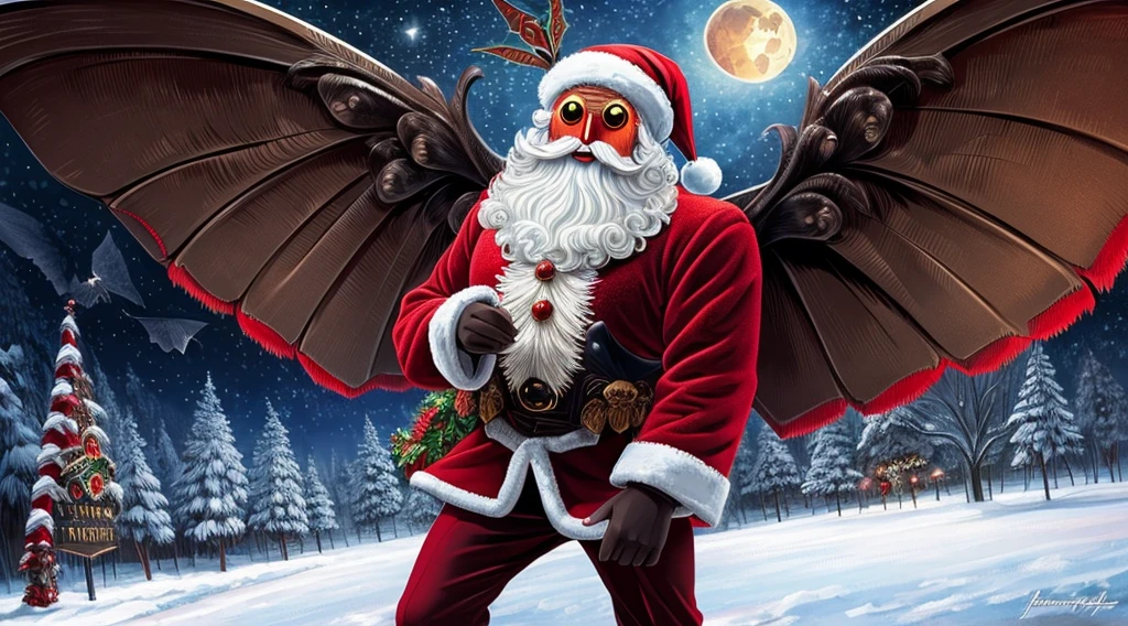 Masterpiece, very high quality, (highly detailed), ((mothman)), dressed as santa claus, festive, christmas background, happy, fun, funny