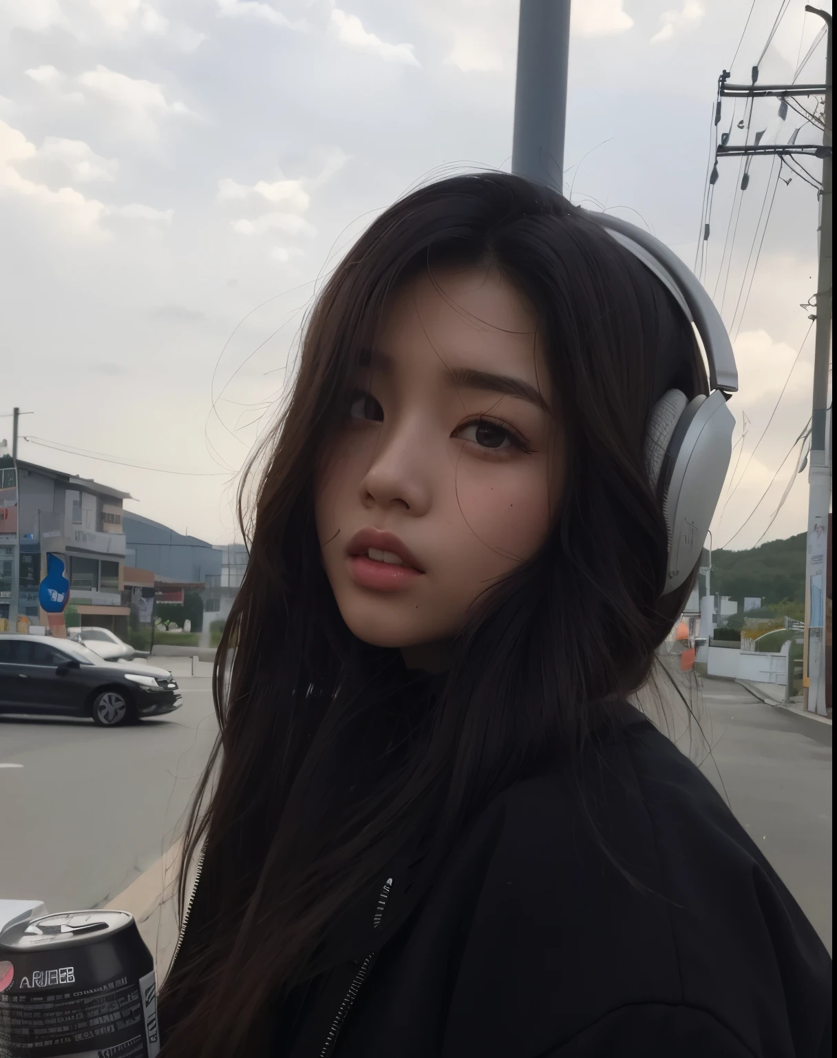 Woman with headphones standing on a street corner, menina coreana, Jaeyeon Nam, com fones de ouvido, Mulher sul-coreana bonita, jennie blackpink, young adorable korean face, linda mulher coreana jovem, wan adorable korean face, mulher coreana jovem bonita, com fones de ouvido, Ulzzang, Gongbi, Guweiz, 8K Artgerm Bokeh