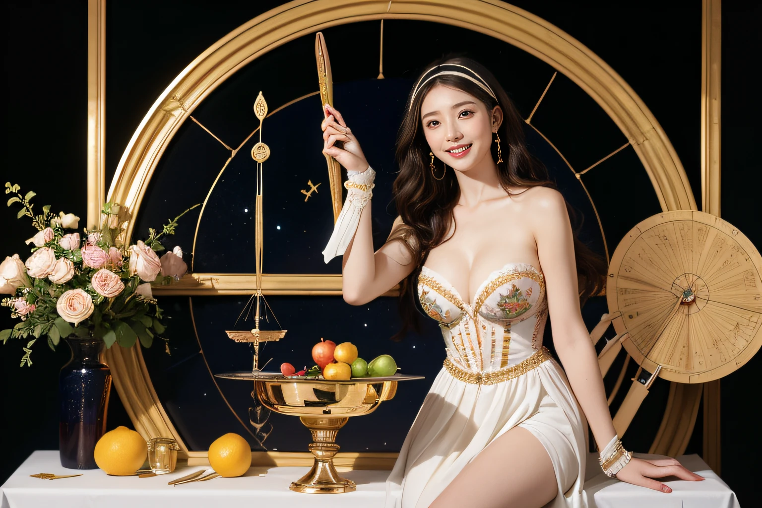 Geometry,stain glass,12 zodiac signs,Vigée Leblanc style,Math、Astronomical utensils,astronault,Roses in a vase,fruits,cute little,A smile,Ancient Greek costumes,Paintings by Sandro Botticelli,Costume with stretched shoulders,huge smile,large full breasts,Ecstasy expression,A sexy,Beautiful bare skin