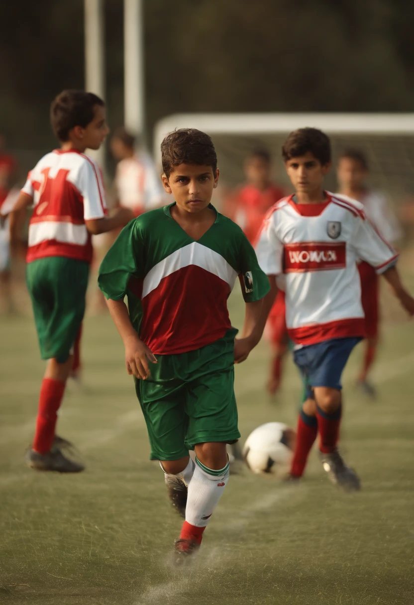 A photo of the soccer game in progress, with the 9 year old's team wearing their jerseys and giving their all on the field,original,Engineer with lowest possible hair cut (#1), he is 45 years old, and Middle Eastern without beard and without mustache , male