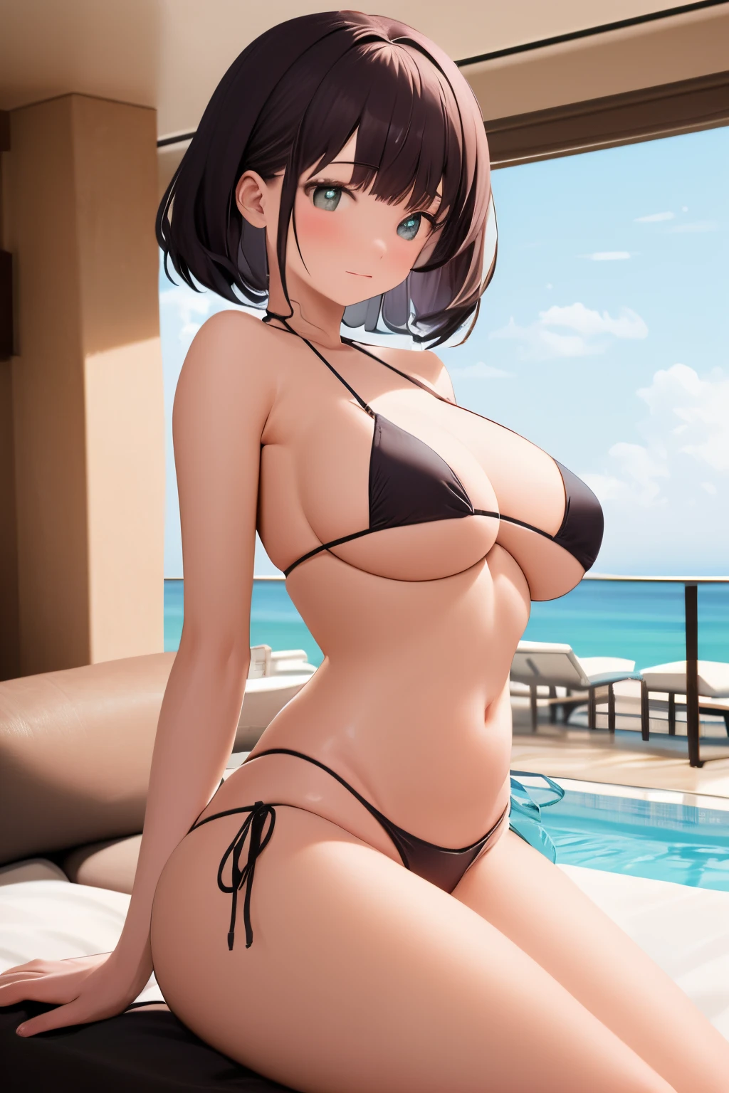 1 woman, 40 years, A detailed eye, 二重まぶた, detailed lips, Brunette Bob cuts hair, Detailed students, ((sexy micro bikini)), (Bigboobs:1.6), a navel, (gigantic ass), a sexy pose、Luxury resort hotel, (真实感:1.4), (Top image quality), (超高分辨率), 8K, Original photography, (masterpiece)