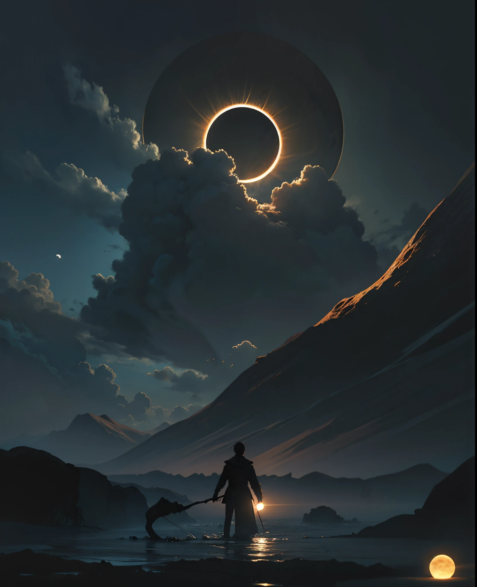 Imagen arafeada de un hombre parado en el agua con una mano gigante en el fondo., Arte oscuro surrealista, Sol negro, con soles negros en el cielo, dramatic artwork, Arte surrealista oscuro, eclipse, Eclipse eterno, Arte oscuro altamente detallado, enorme y gigantesco sol negro, album art, by Kristian Kreković, Sol oscuro, an ominous fantasy illustration