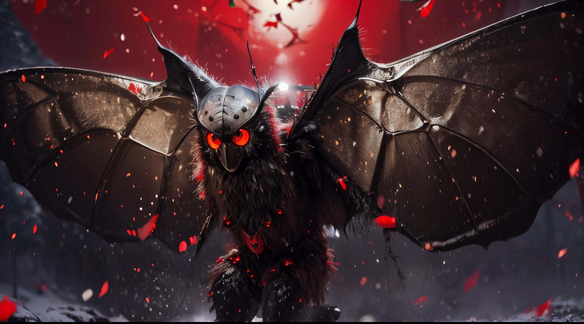 Masterpiece, very high quality, (highly detailed), ((mothman)), dressed as santa claus, festive, christmas background, happy, fun, funny