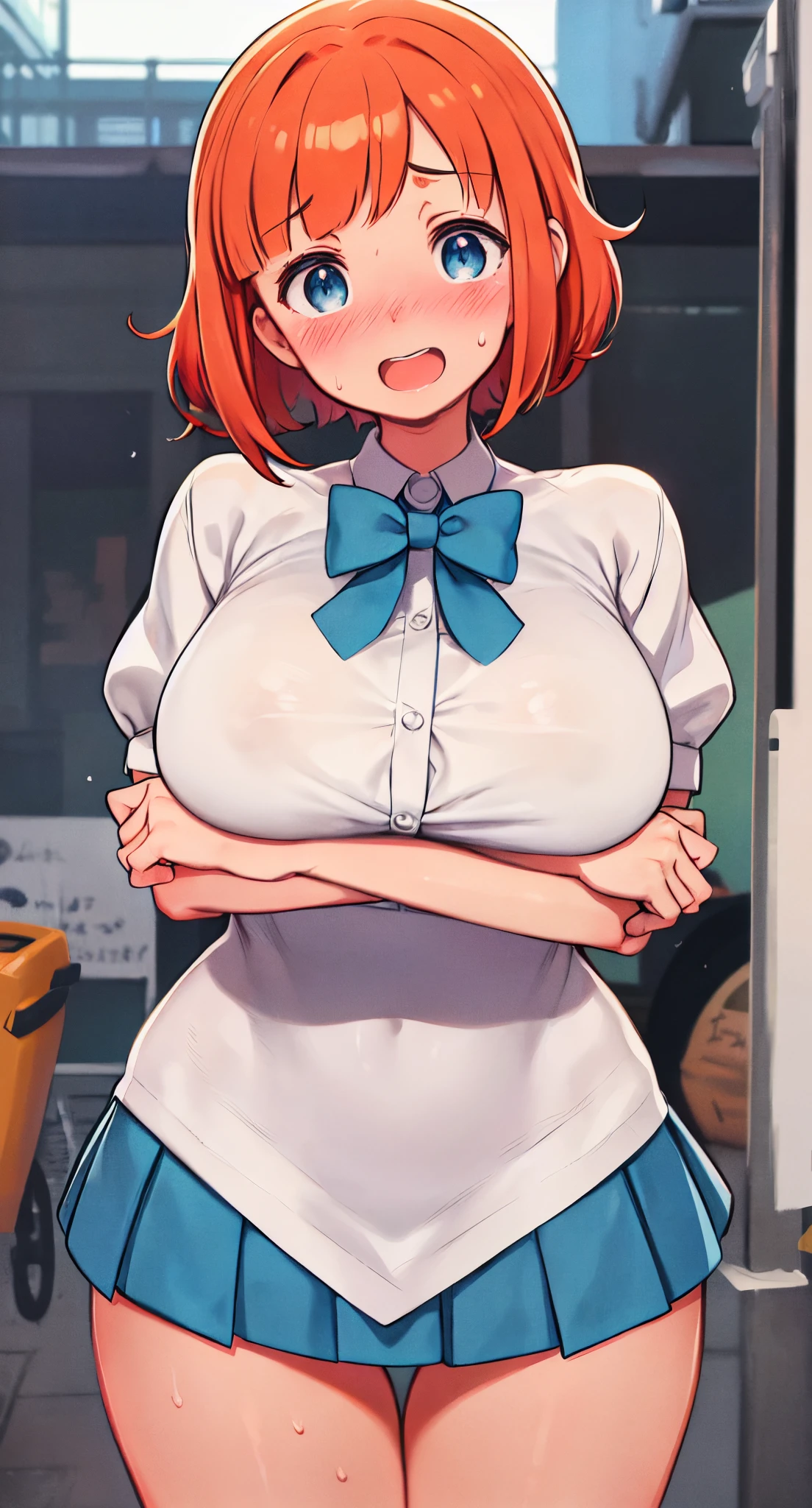 (Perfect body),Best Quality,(8K Portrait),(Official art)、((NSFW))、(Big Big Breasts)、thick thighs、Big buttocks、fatness、Parted bangs hair、((Surprised))、Wavy mouth、((Shorthair))、blush,(((Twin-tailed))), Blue eyes,((Orange hair)),Teenage female,((Sweat)),School uniform、whiteshirt、Blue mini skirt、Light Blue Bra、((Light blue panty))、(((:D)))、(((((embarrassed from)))))、1girl in、((Hands behind the body))、In the street