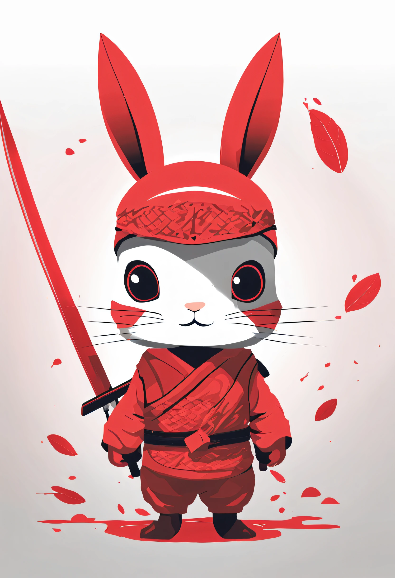 Ninja Bunny, In costume, Red tones, warrior, flat illustration, minimalism, hiquality, whitebackground