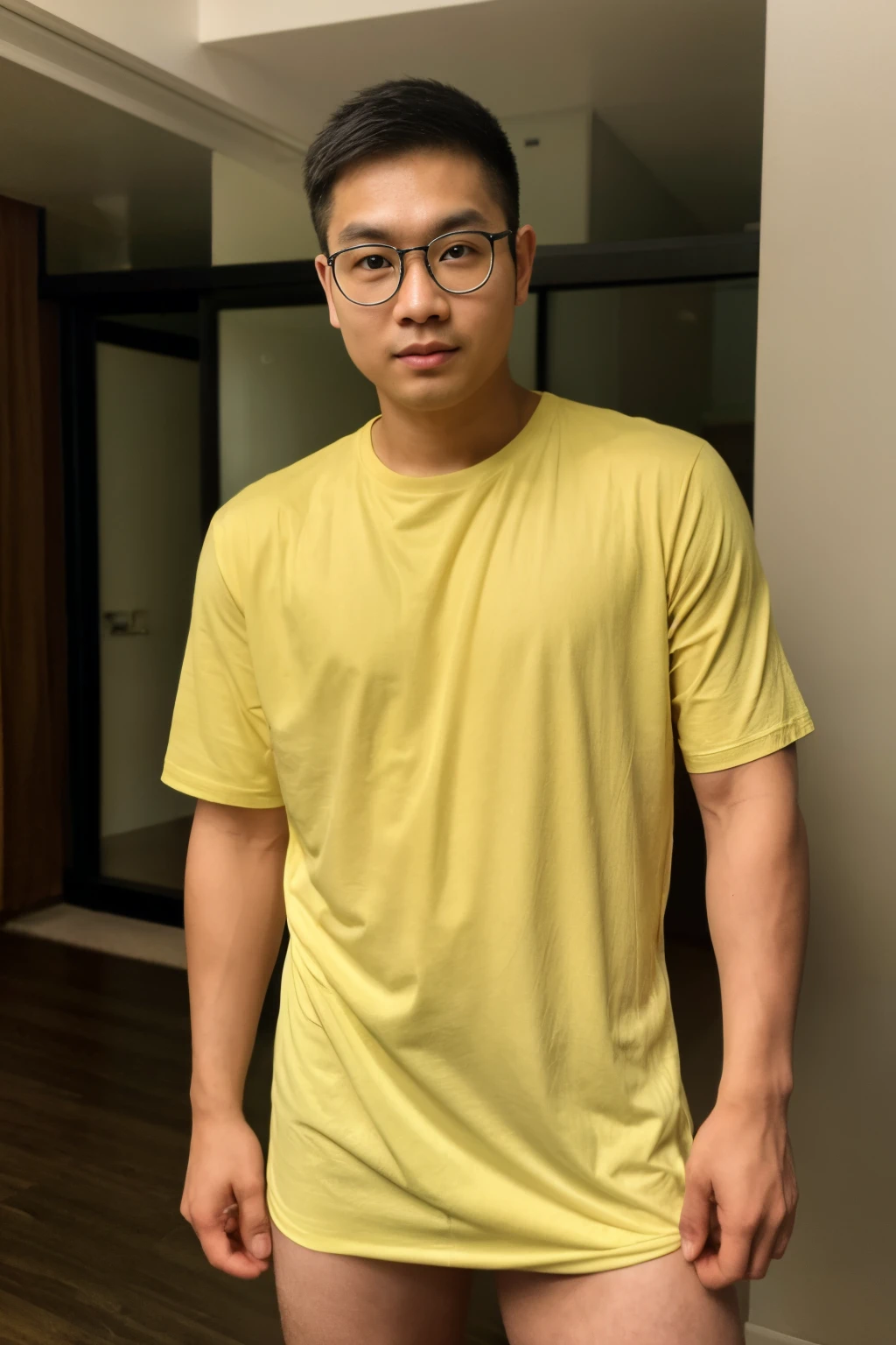 Andrew thomas huang, oval face, eyeglasses, neat muscular, yellow shirt