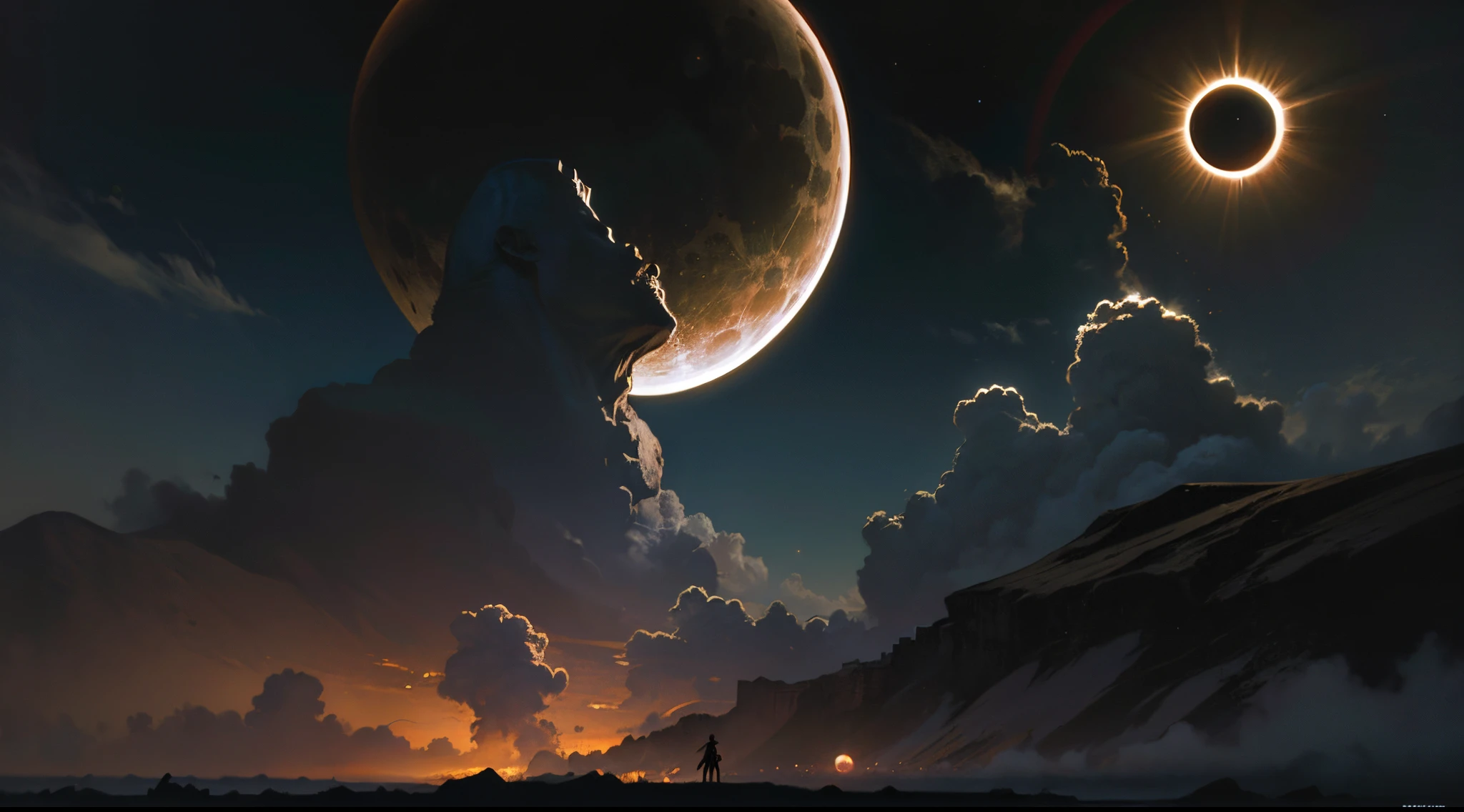 Imagen arafeada de un hombre parado en el agua con una mano gigante en el fondo., Arte oscuro surrealista, Sol negro, con soles negros en el cielo, dramatic artwork, Arte surrealista oscuro, eclipse, Eclipse eterno, Arte oscuro altamente detallado, enorme y gigantesco sol negro, album art, by Kristian Kreković, Sol oscuro, an ominous fantasy illustration