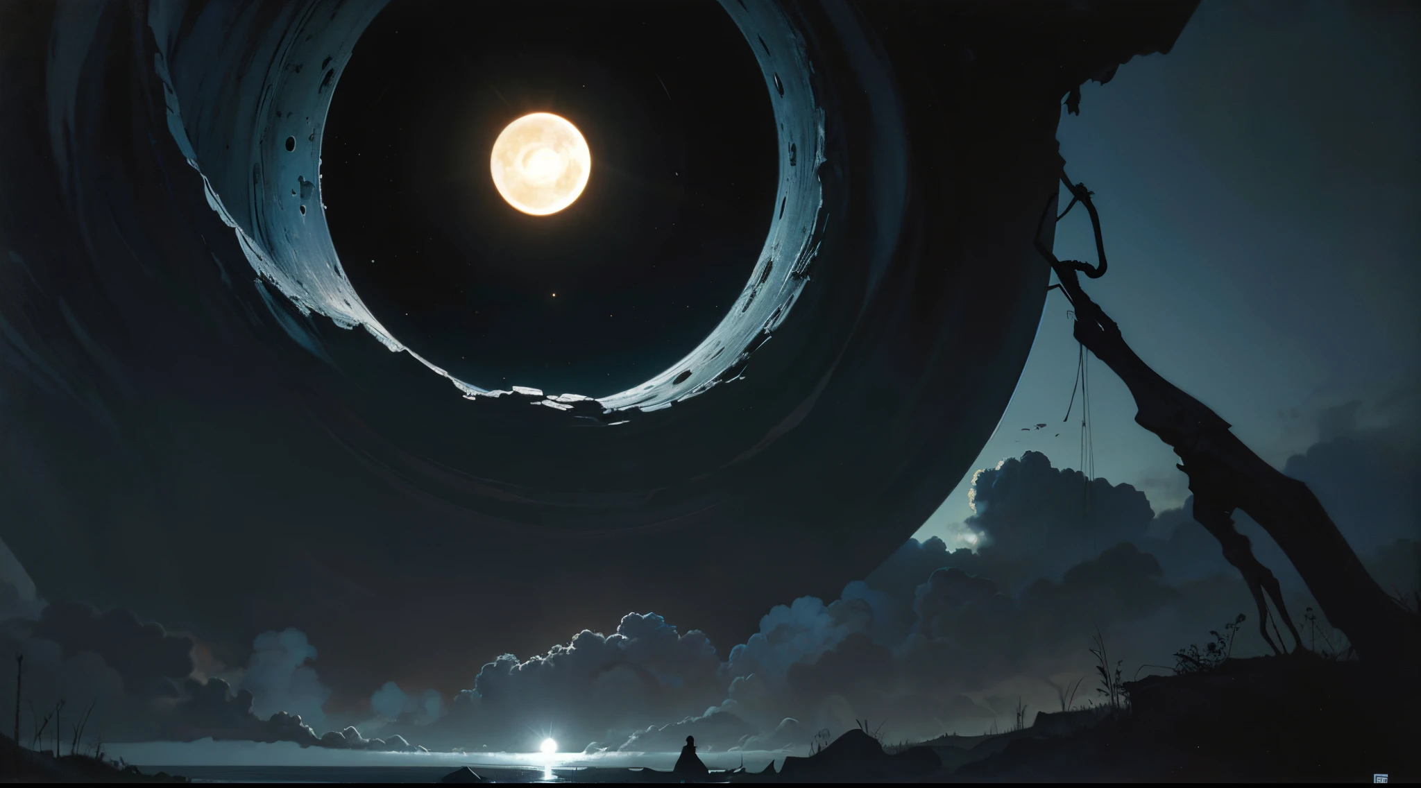 Imagen arafeada de un hombre parado en el agua con una mano gigante en el fondo., Arte oscuro surrealista, Sol negro, con soles negros en el cielo, dramatic artwork, Arte surrealista oscuro, eclipse, Eclipse eterno, Arte oscuro altamente detallado, enorme y gigantesco sol negro, album art, by Kristian Kreković, Sol oscuro, an ominous fantasy illustration