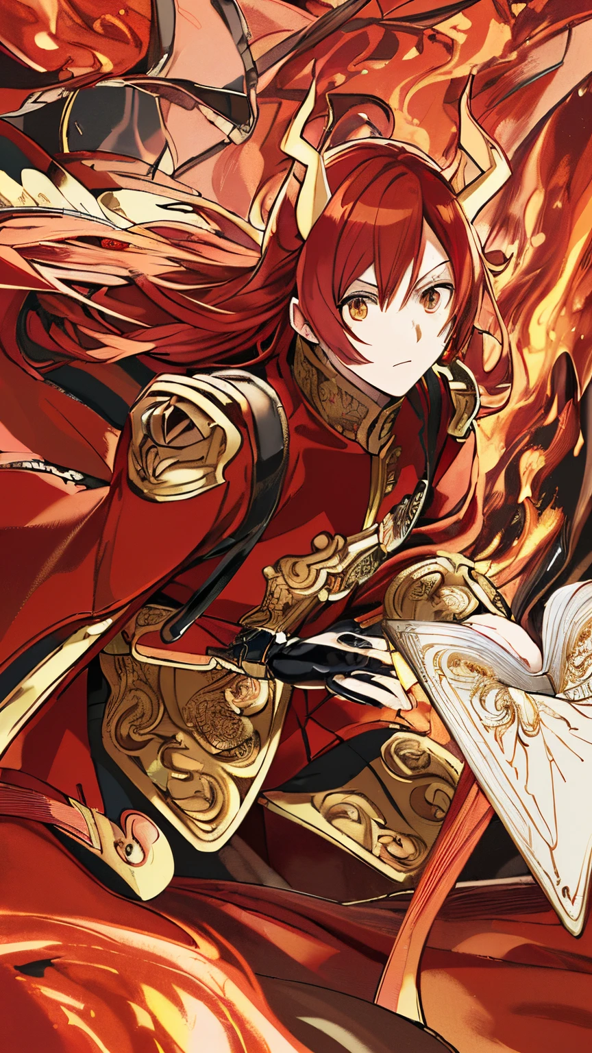 (((masutepiece))),(((best qualtiy))),((Ultra-detailed)),(Illustration),((extremely delicate and beautiful)),dynamic angle,floating,(beatiful detailed eyes),(detailedlight) (1boys), Solo, floating_hair,glowing light eyes,Wearing redheads,Golden Eyes, demonic horns, leather jackets, atdan, Red background,Burning flame，Tarot Cards
