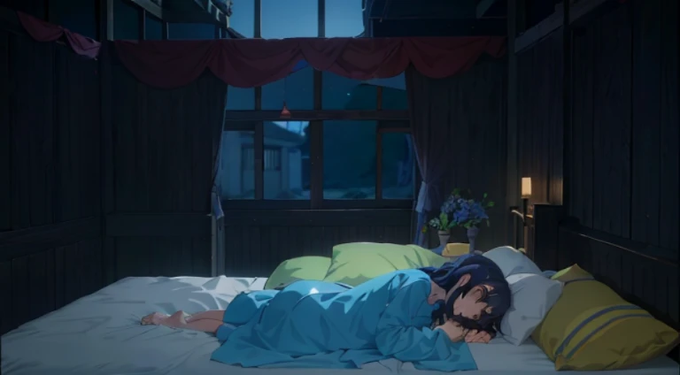 Anime scene of a woman lying on the bed in a room, reincarnated as a slime, Today’s recommended anime is still, Still from TV animation, konosuba, Screenshot of the animated movie, in the anime film, anime scene, during night!!, Screenshots from the 2012 animation, He held her while she slept, kyoto animation still