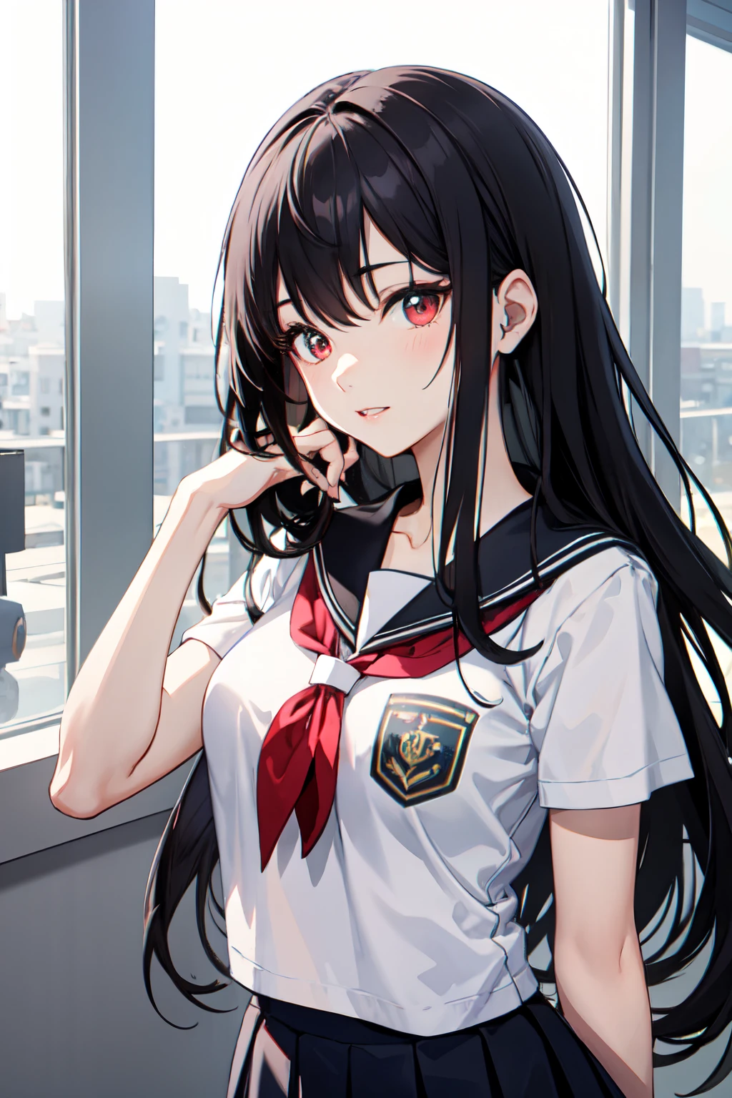 １６k、１７age、Perfect body、a beauty girl、High Quality, long black hair, Red eyes、Pretty Face, insanely detailed eyes, The School of the Near Future、High school students、cute school uniform、Mini skirt、full bodyesbian、like a goddess