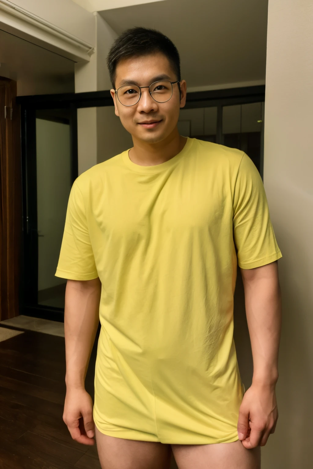 (((Andrew thomas huang, oval face, eyeglasses))), neat muscular, yellow shirt